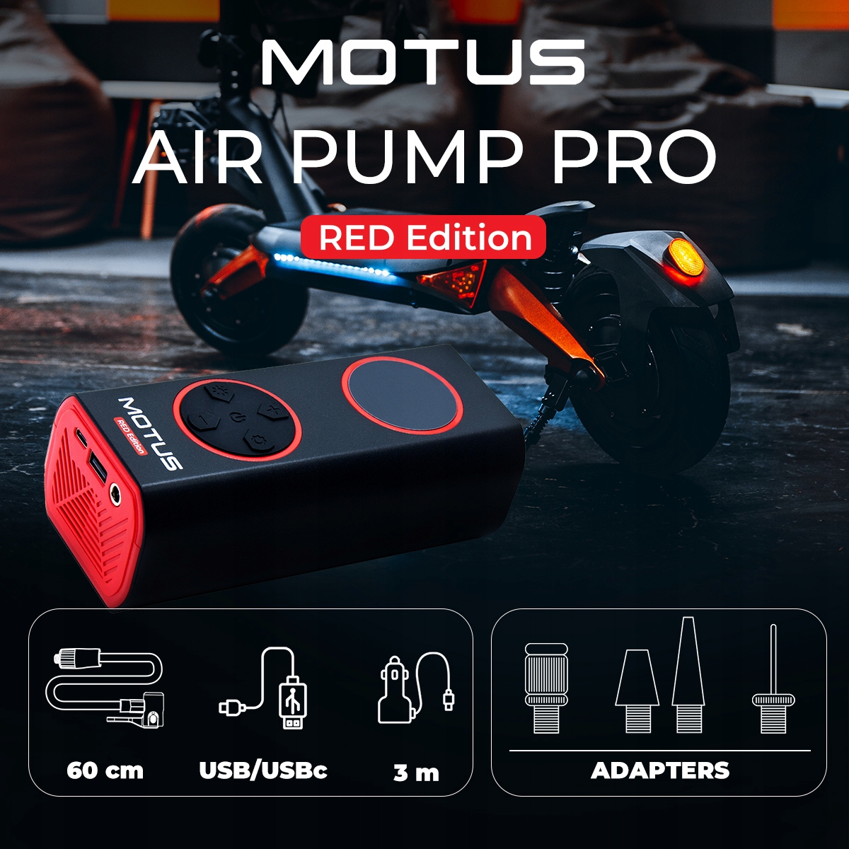 Motus Air Pump Pro Czerwona Edycja z akcesoriami i hulajnogą elektryczną.