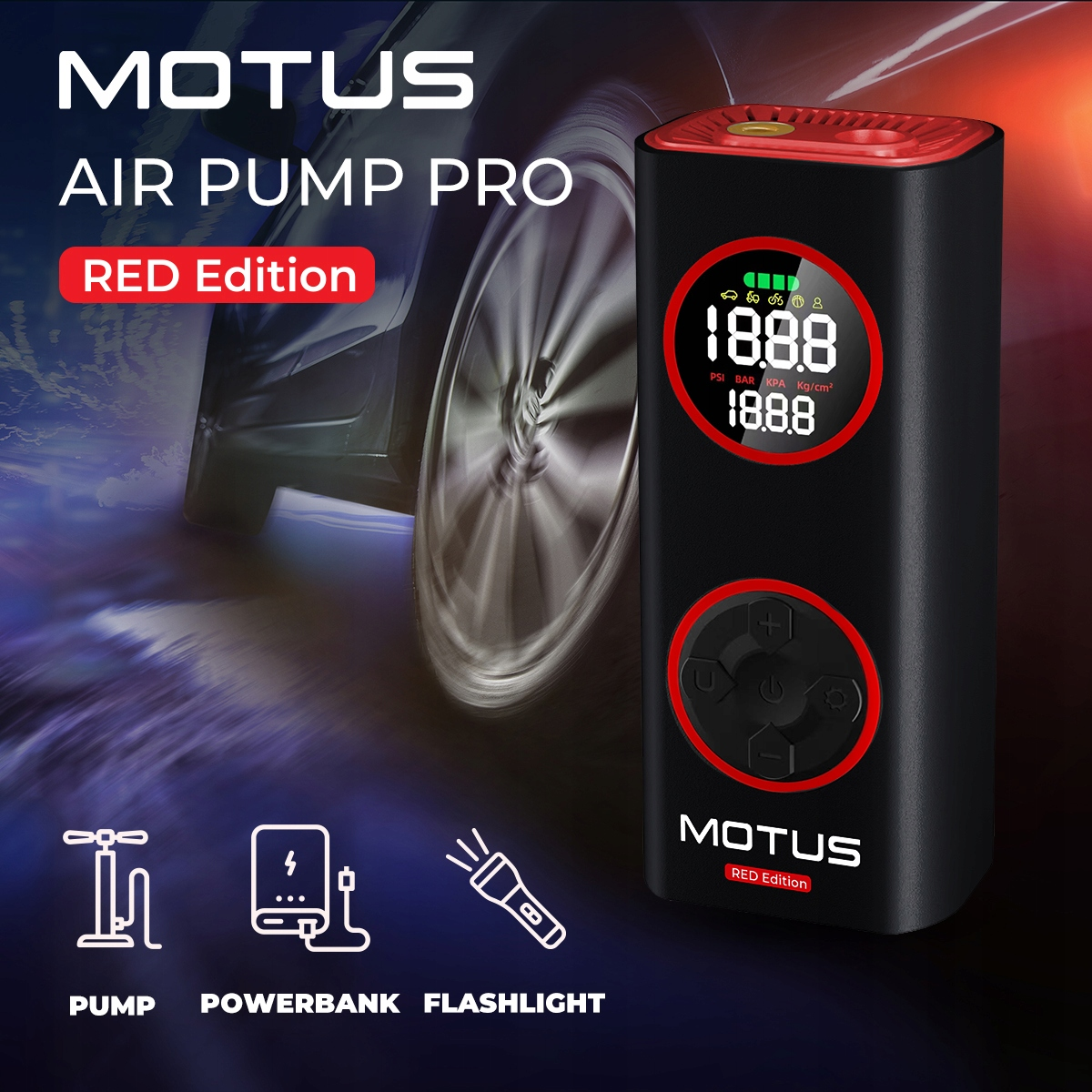 Motus Air Pump Pro, Czerwona Edycja, z cyfrowym wyświetlaczem i kołem auta.
