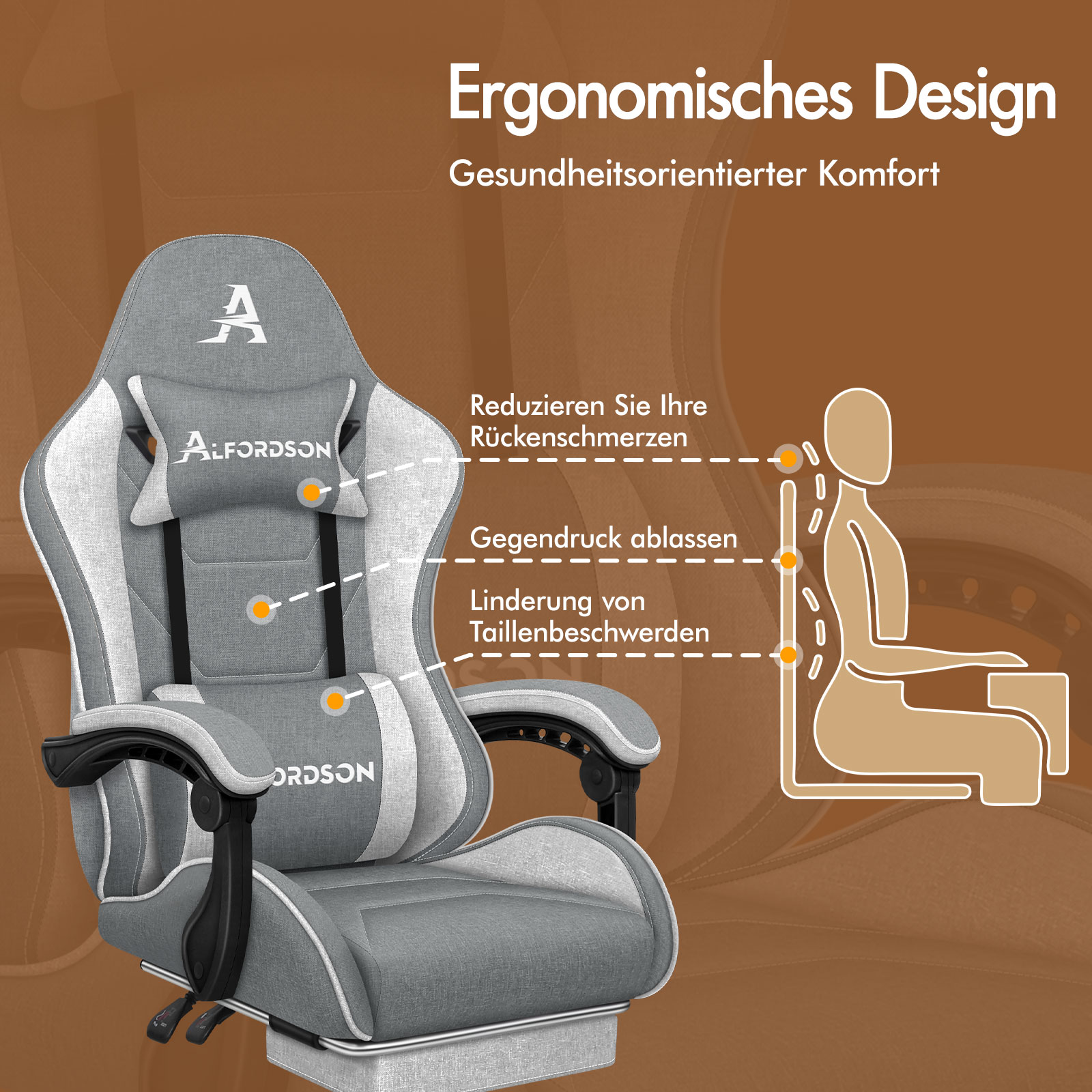 Ergonomischer Stuhl mit Kissen für Rücken und Nacken. Text auf Deutsch.