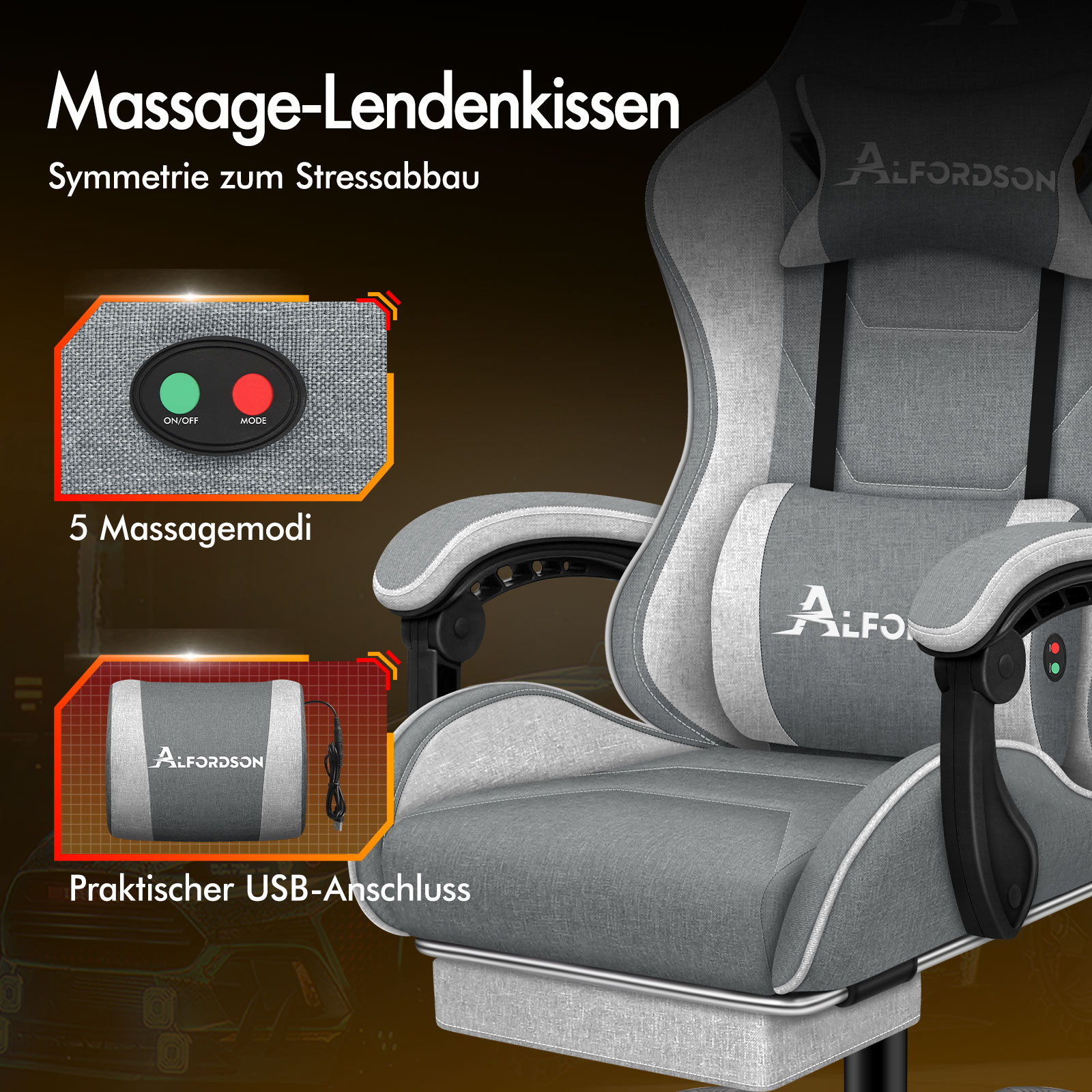 Grauer Massagesitz mit Bedienelementen und USB-Anschluss.