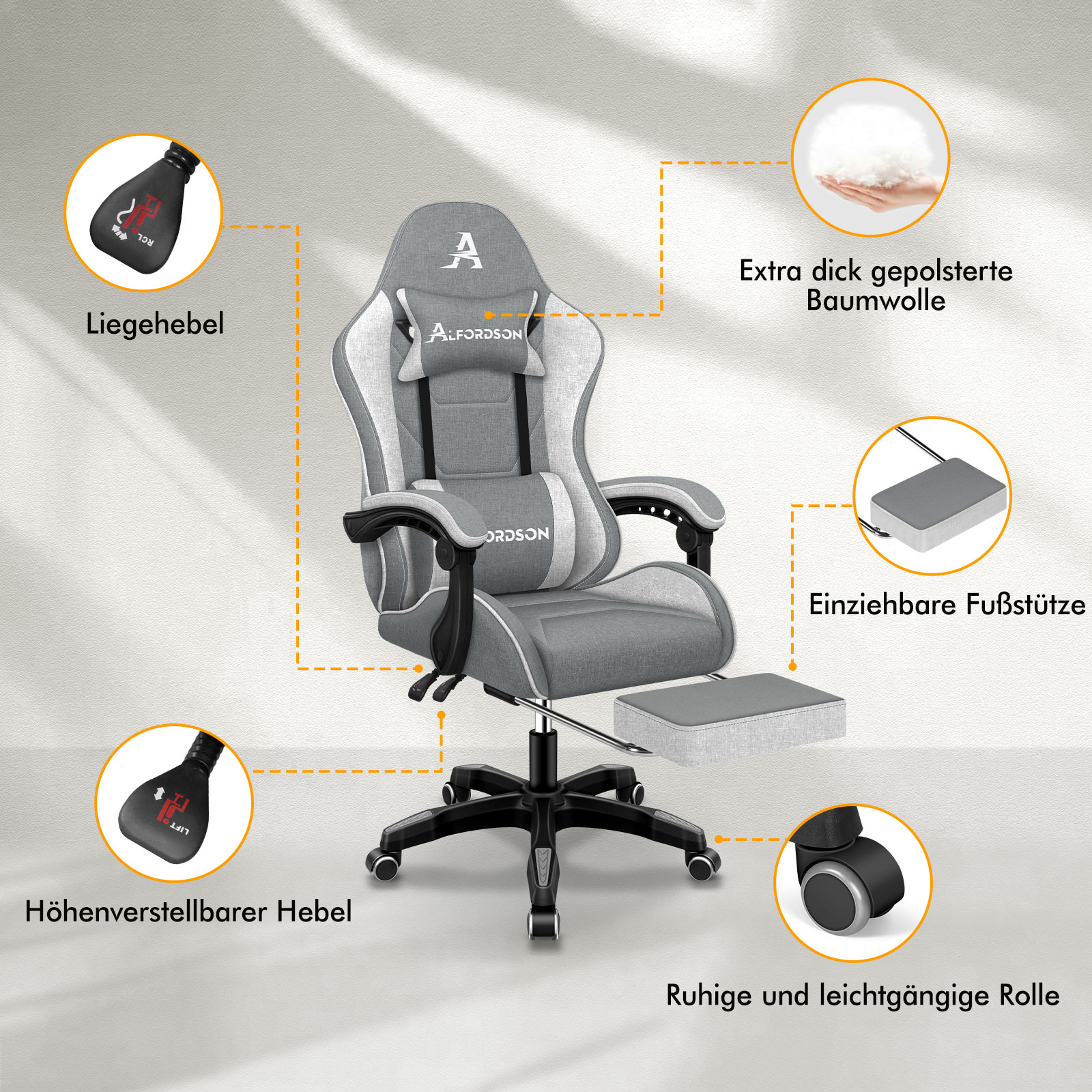 Grauer Gaming-Stuhl mit verstellbaren Hebeln, Fußstütze und Rollen.