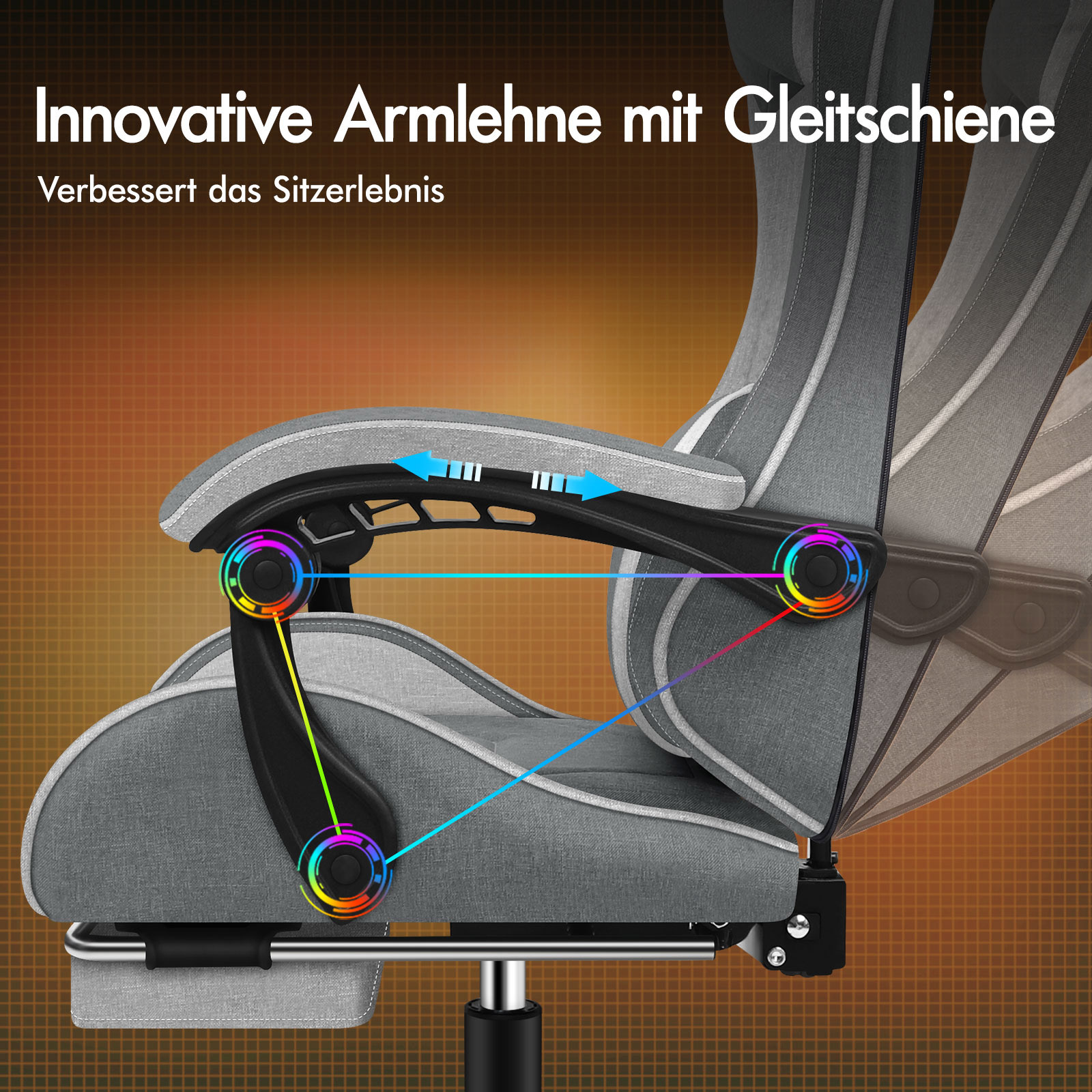 Grauer Bürostuhl Armlehne mit verstellbarer Schiene und bunten Lichtern.