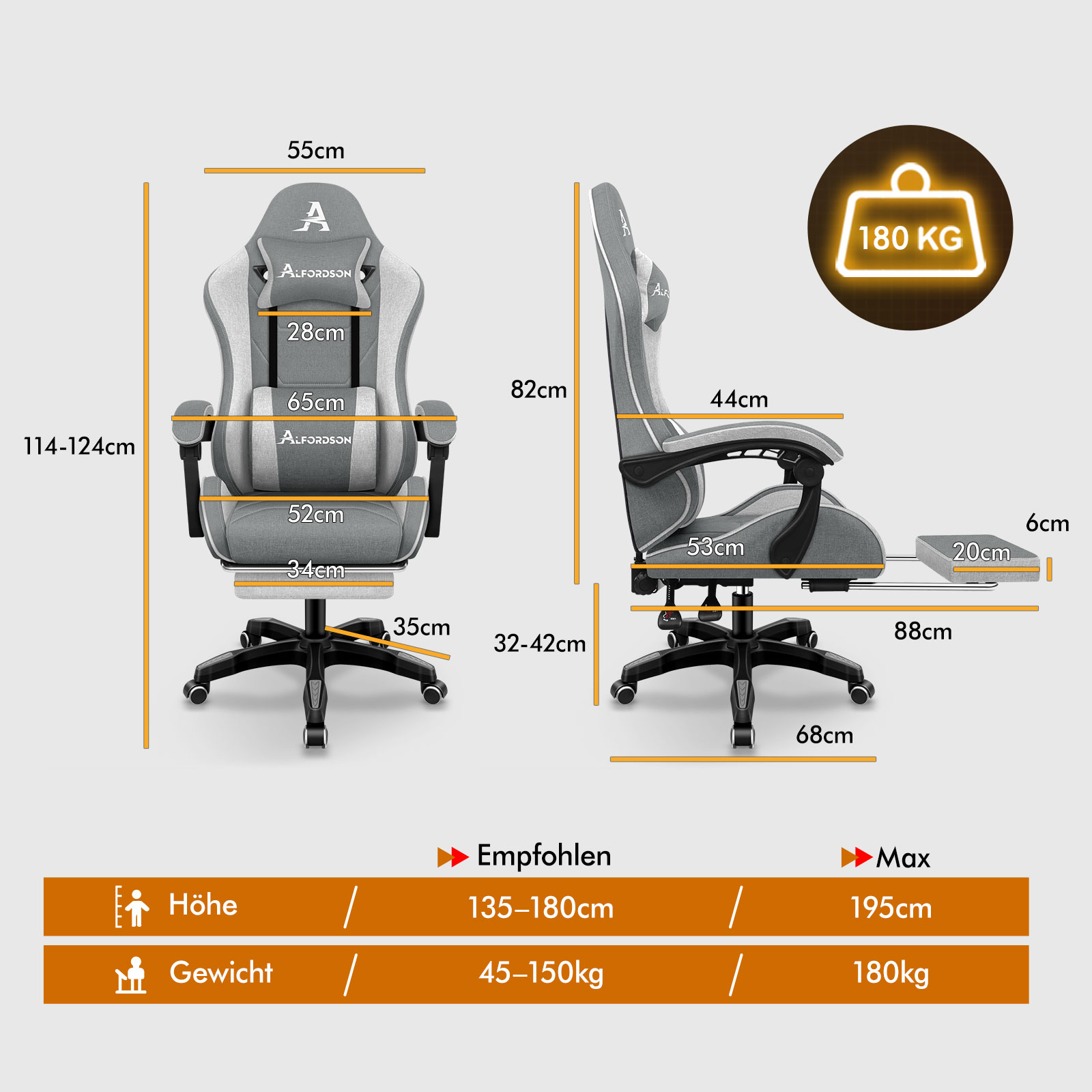 Grauer Gaming-Stuhl mit Maßen und Gewichtsbeschränkung.