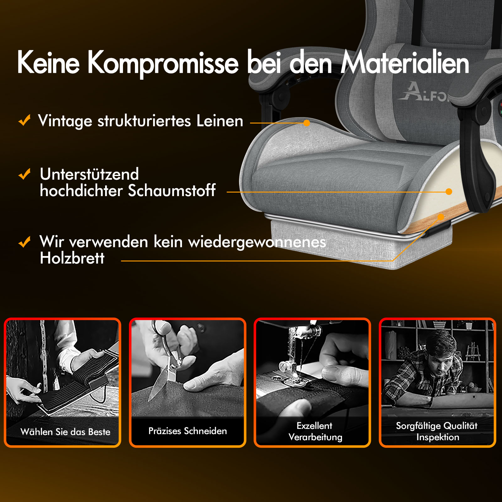 Hochwertige Materialien: Leinen, Schaumstoff, kein recyceltes Holz.