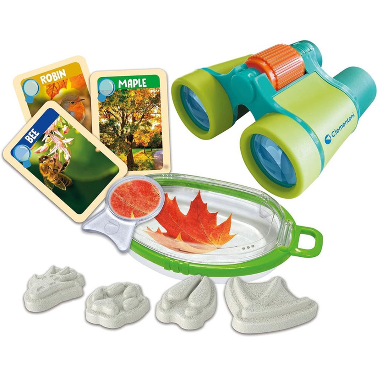 Ein Spielzeug-Set mit Lupe, Fernglas, Lernkarten und Fußabdrücken.