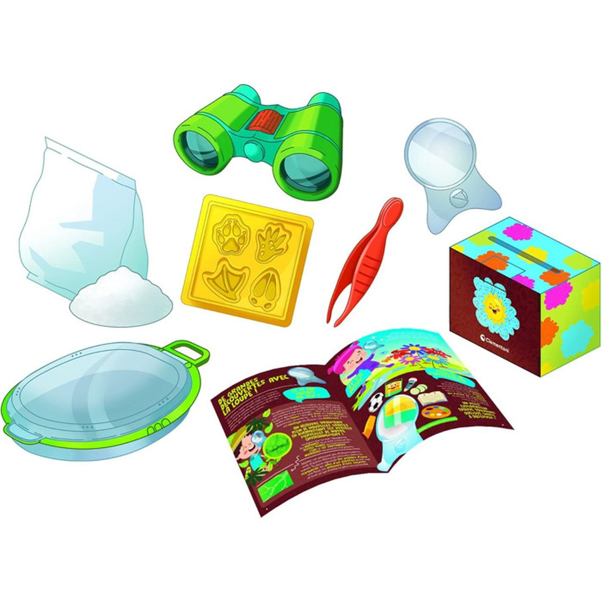Fernglas, Lupe, Pinzette, Gipsabdruckform, Buch und Kiste mit bunten Mustern.