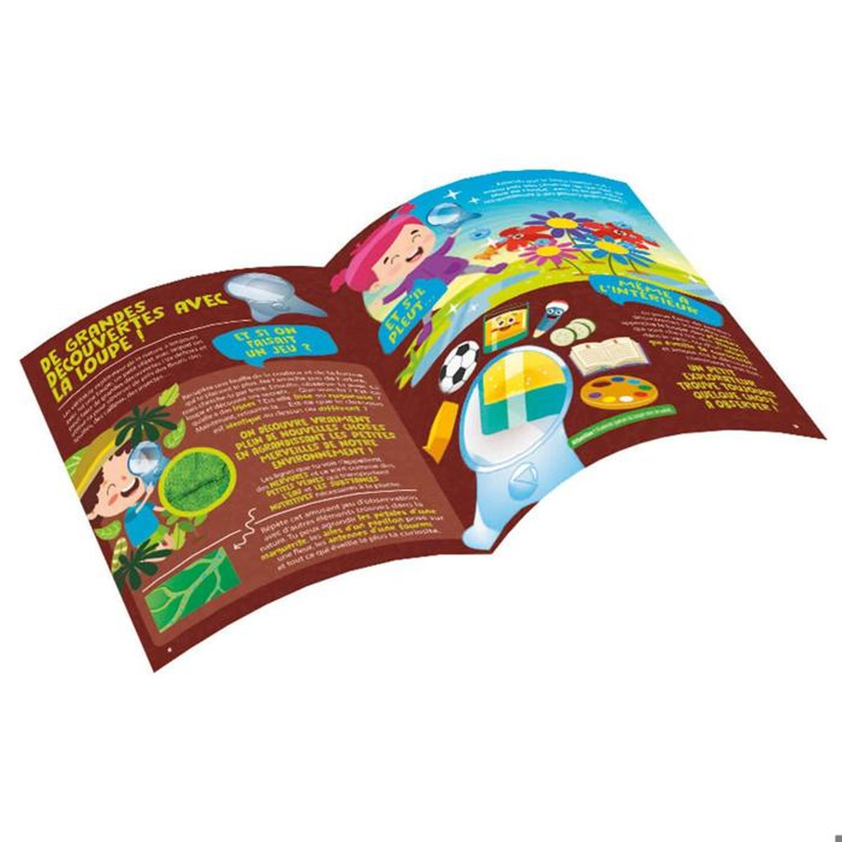 Ein Kinderbuch mit Illustrationen von Kindern, die Blumen und eine Lupe untersuchen.