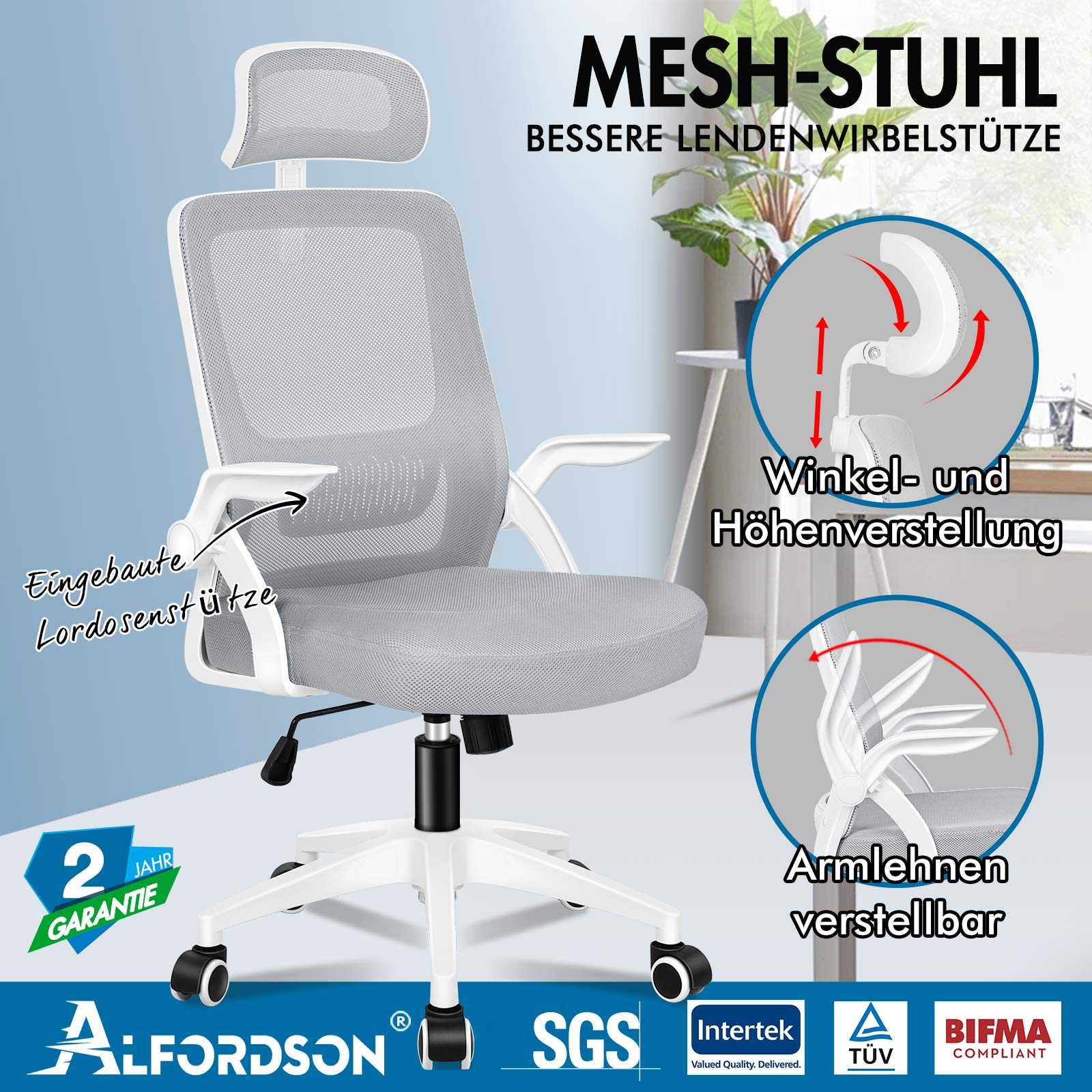 Silla de oficina gris de malla con reposacabezas, brazos ajustables y soporte lumbar.