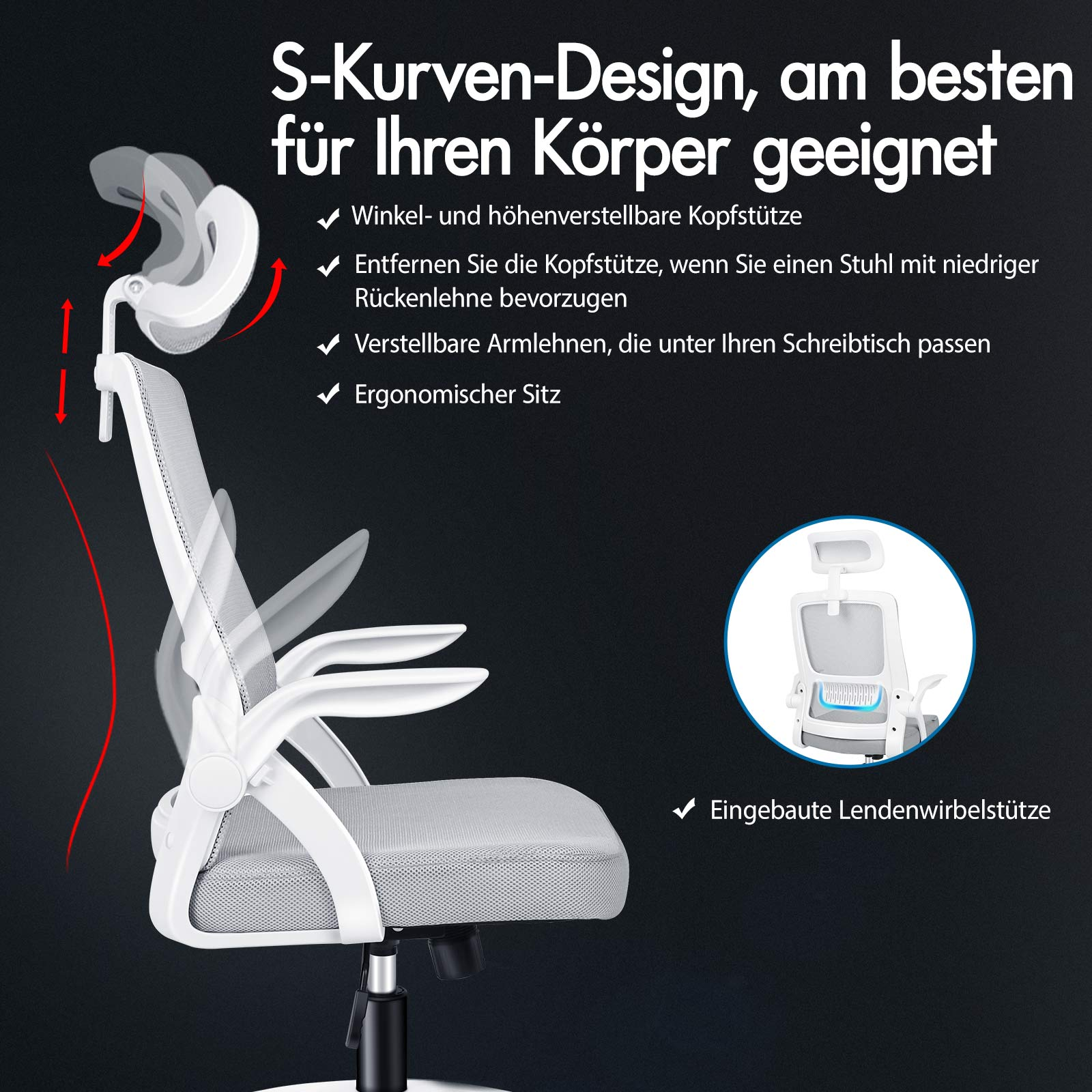 Una silla de oficina blanca con reposacabezas, reposabrazos y soporte lumbar.