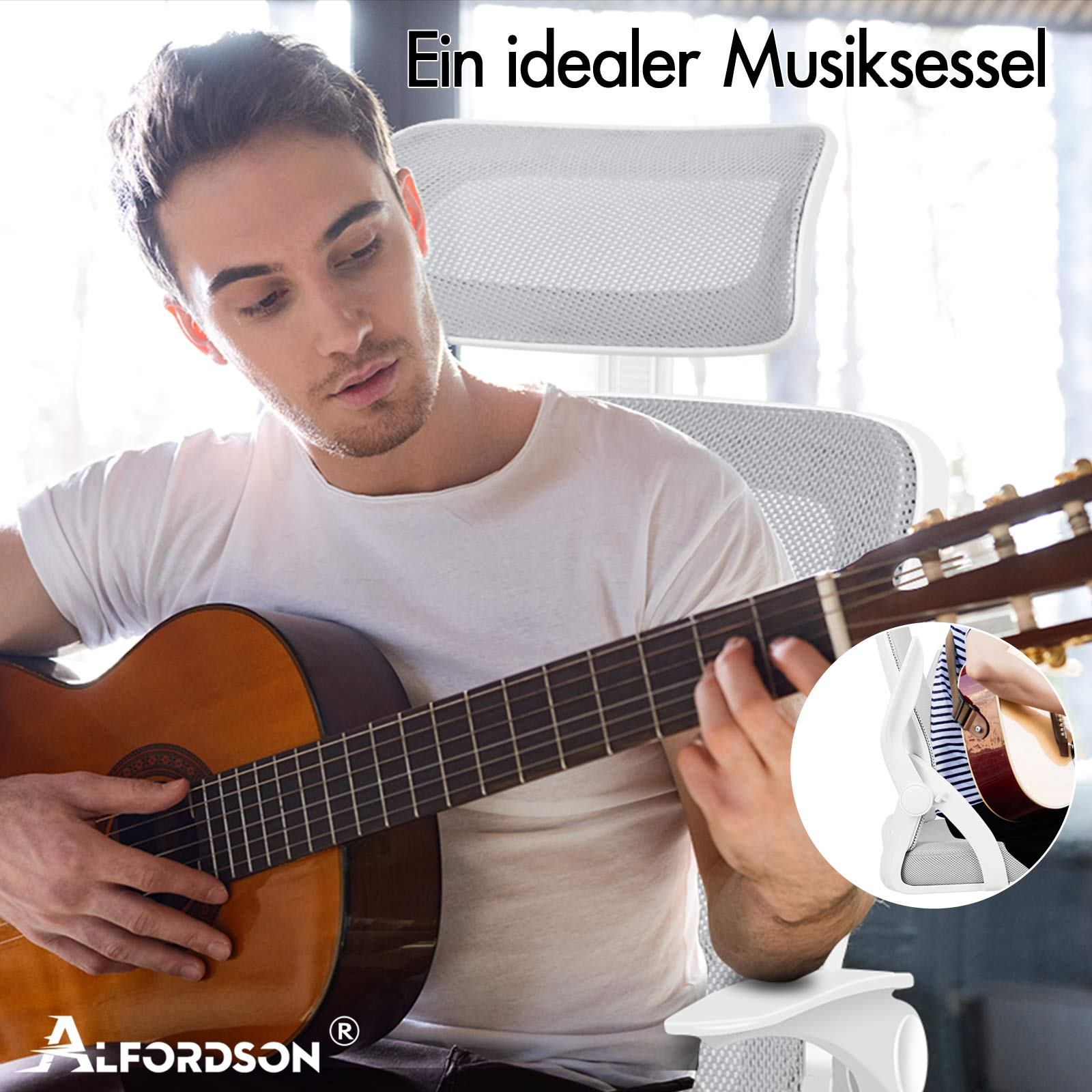 Mann spielt Gitarre auf einem weißen Stuhl. Nahaufnahme der Hände und Gitarre.