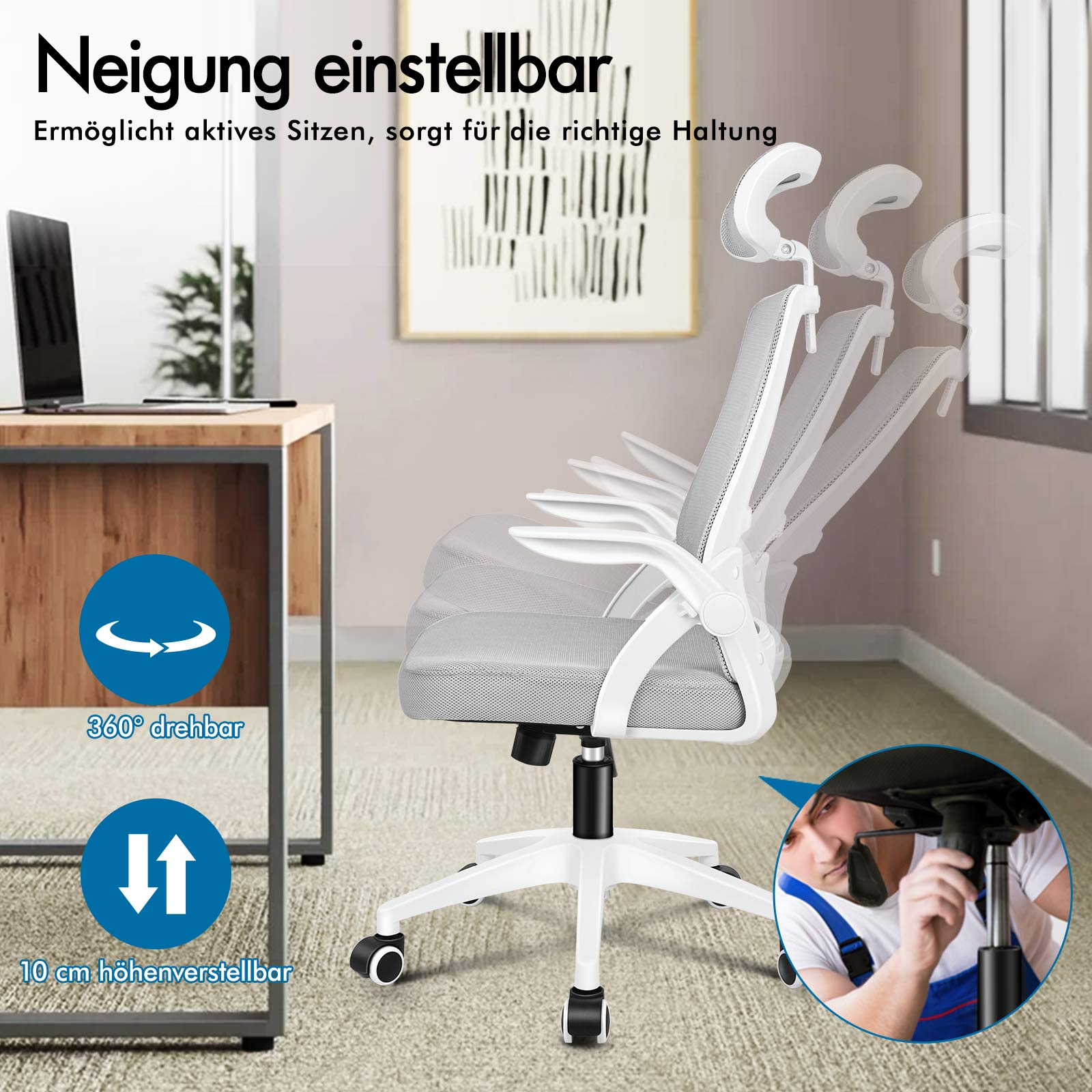 Una silla de oficina ajustable con un portátil cerca. Gira 360°.
