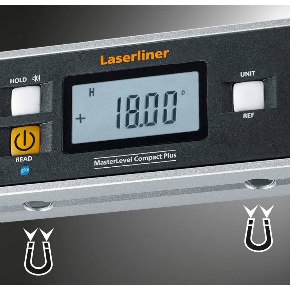 Laserliner Digitalwasserwaage zeigt 18.00 Grad an. Magnet-Symbole unten.