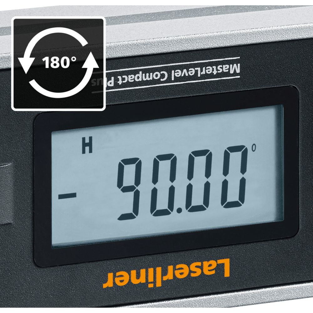 Digitaler Winkelmesser zeigt 90.00 Grad an. 180 Grad Symbol.