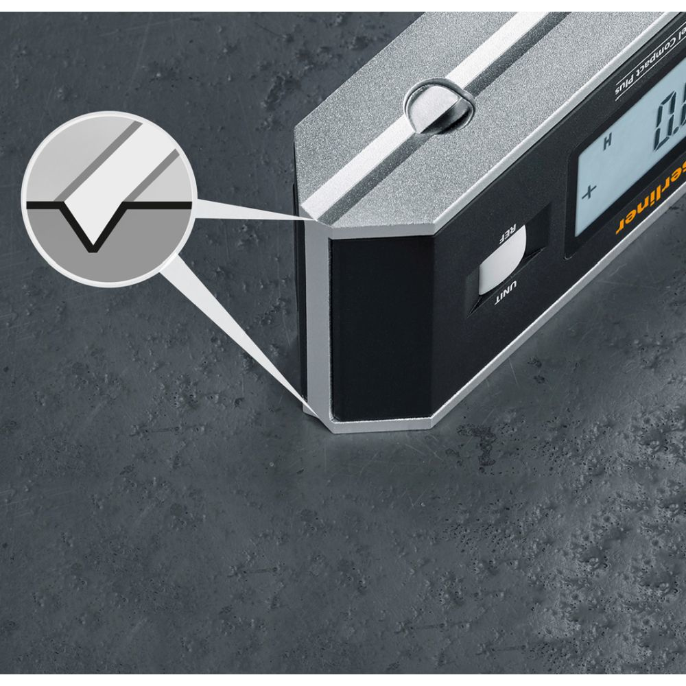 Digitaler Winkelmesser mit Lupe, die eine V-Nut zeigt.
