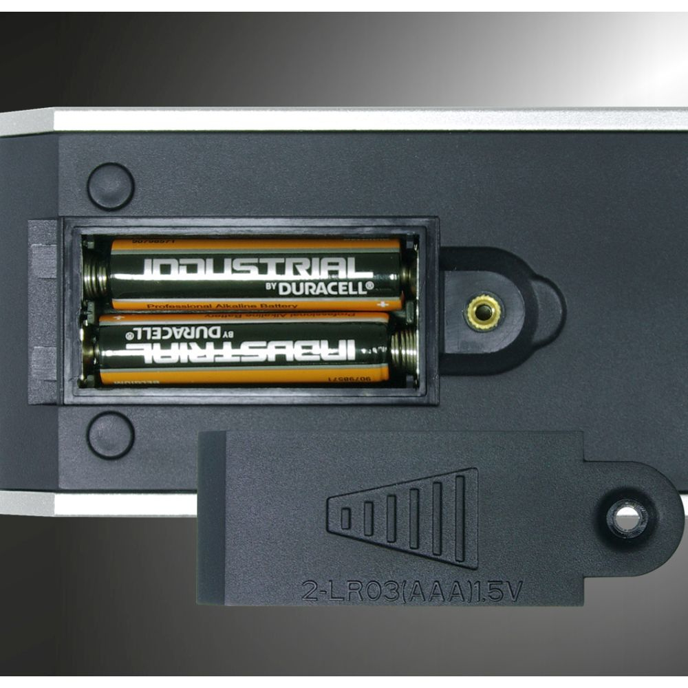Zwei Duracell Industrial AAA-Batterien in einem Batteriefach.