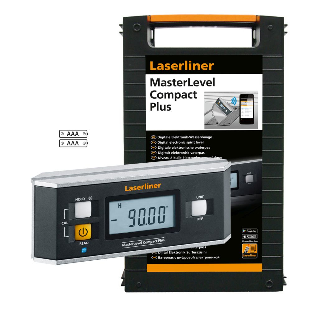 Laserliner MasterLevel Compact Plus Wasserwaage mit digitalem Display und Bedienknöpfen.