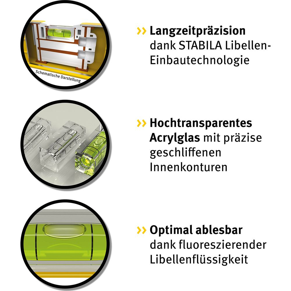 Schema: Präzisionswasserwaage mit Libellen-Einbautechnologie.