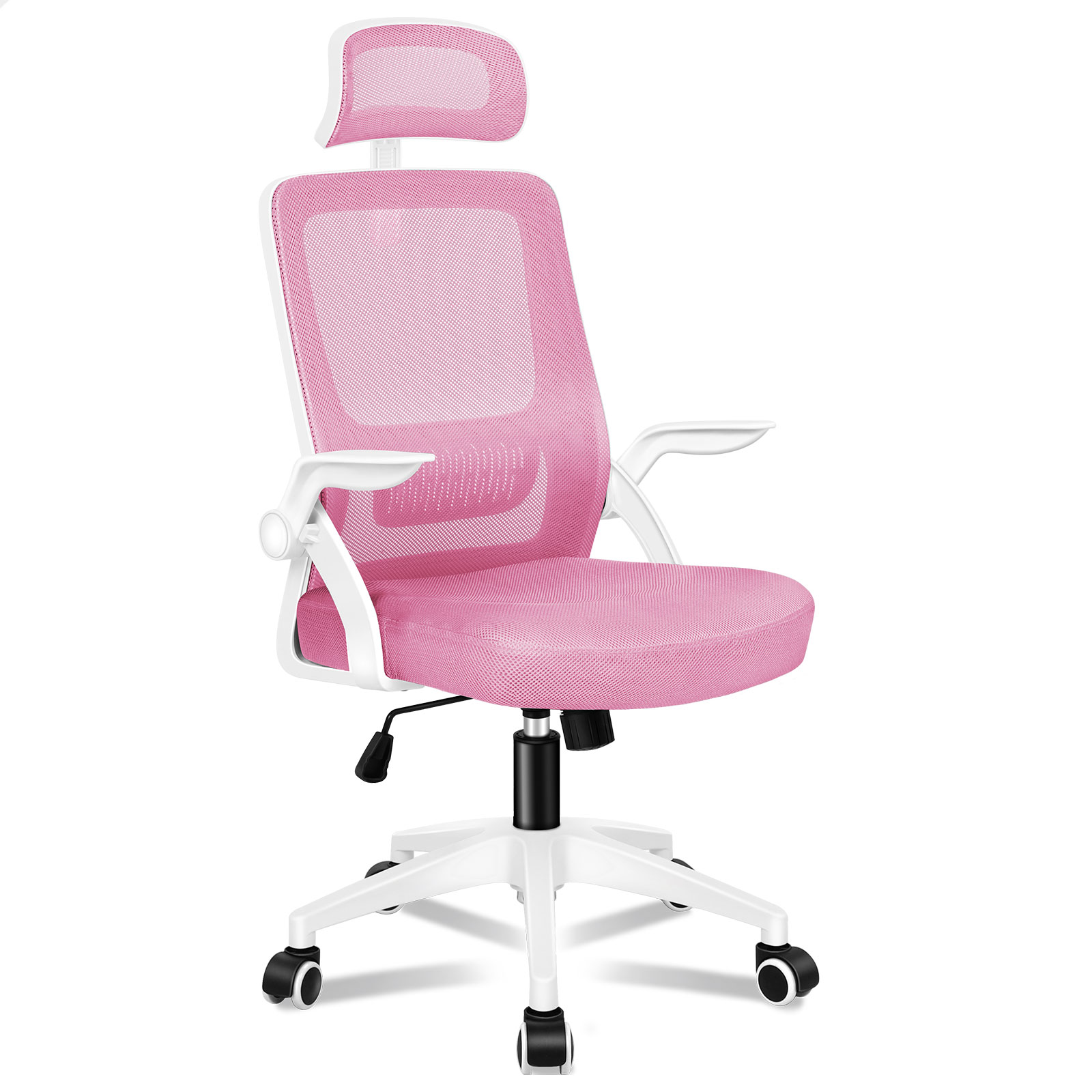Una silla de oficina rosa de malla con marco blanco y reposacabezas.
