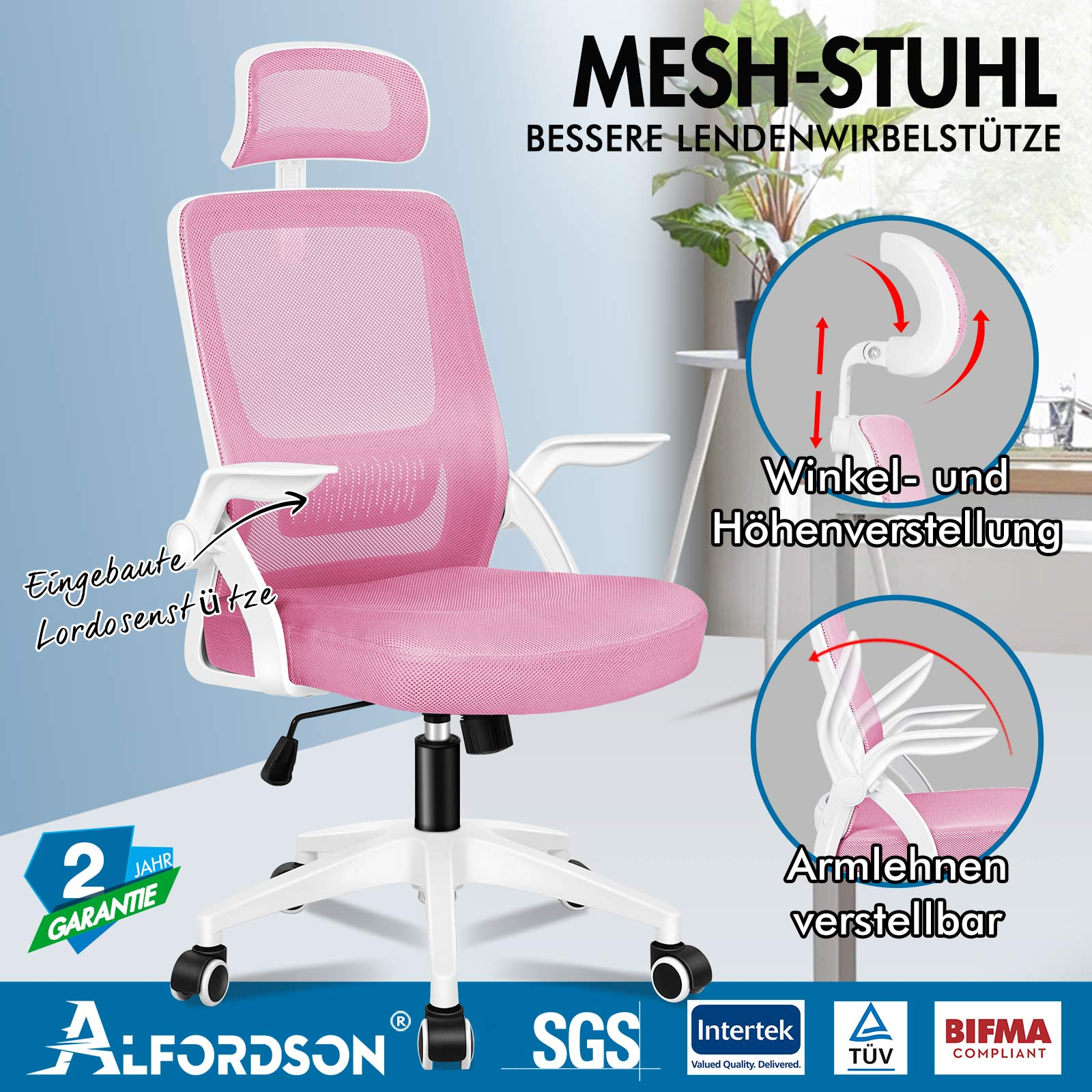 Una silla de oficina de malla rosa con marco blanco, reposabrazos ajustables.
