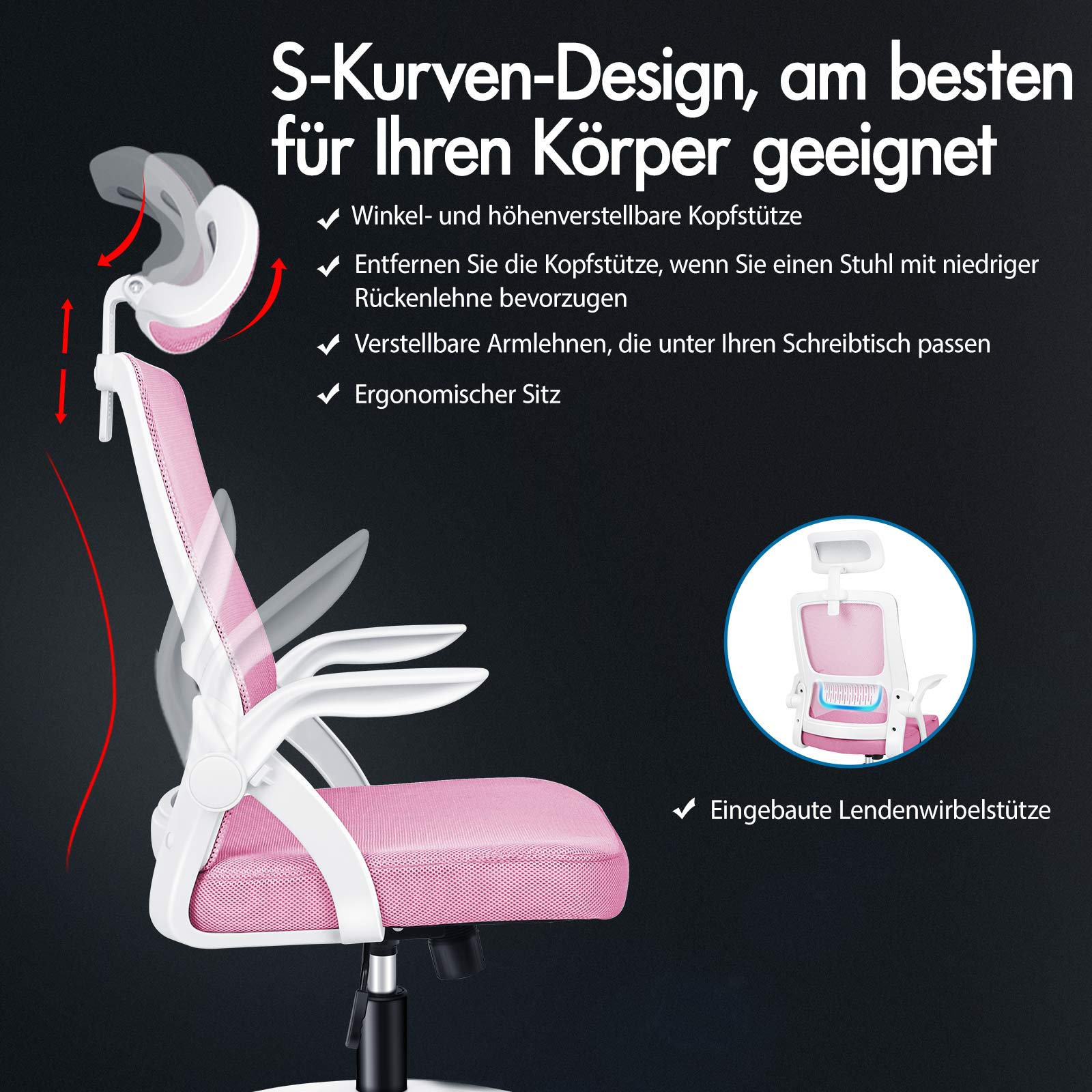 Silla de oficina rosa con reposacabezas, reposabrazos y soporte lumbar ajustables.