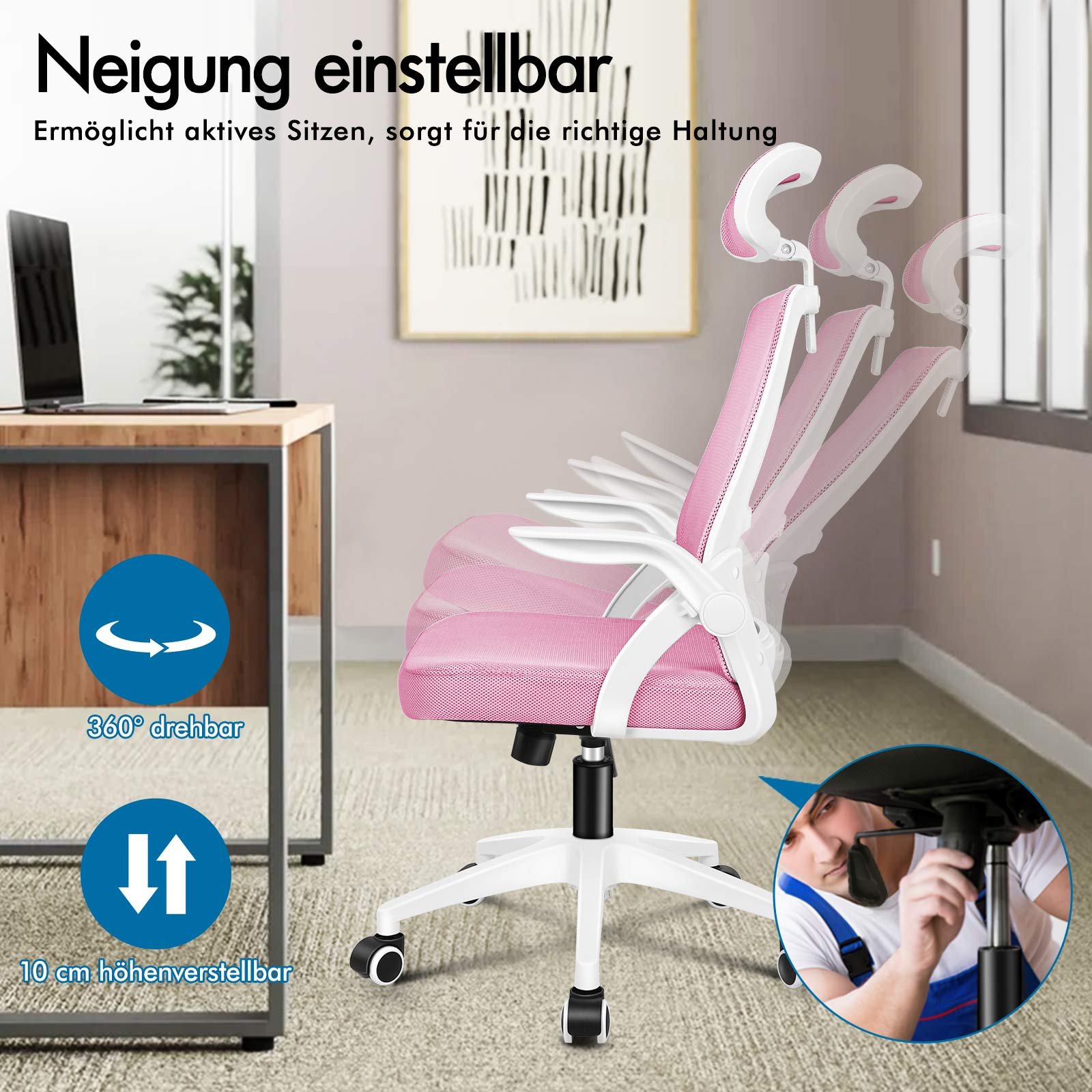 Una silla de oficina ajustable rosa con base y ruedas blancas.