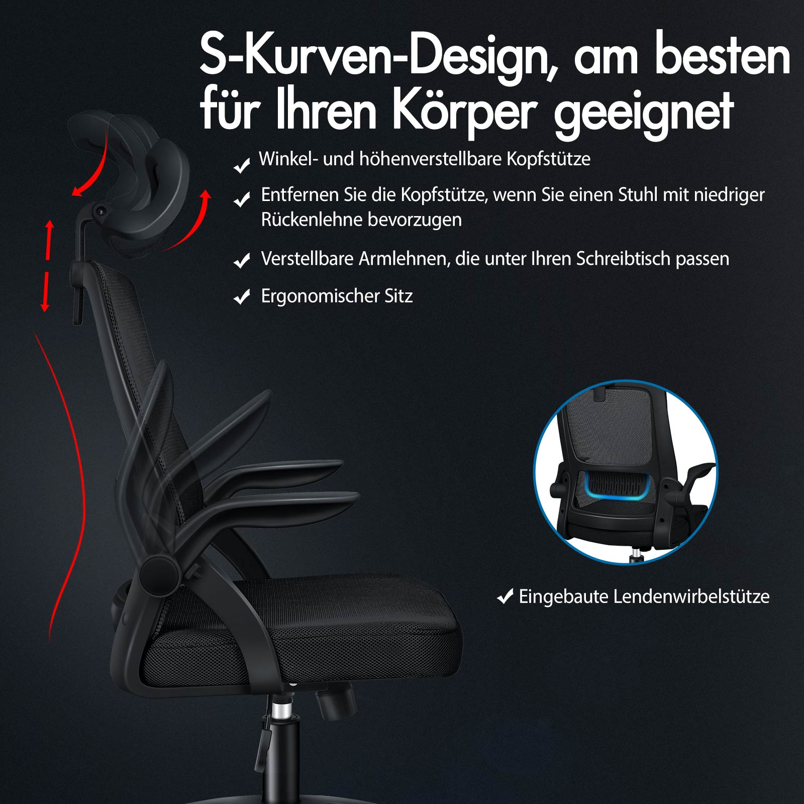 Schwarzer Bürostuhl mit S-Kurven-Design, verstellbarer Kopfstütze und Lendenwirbelstütze.