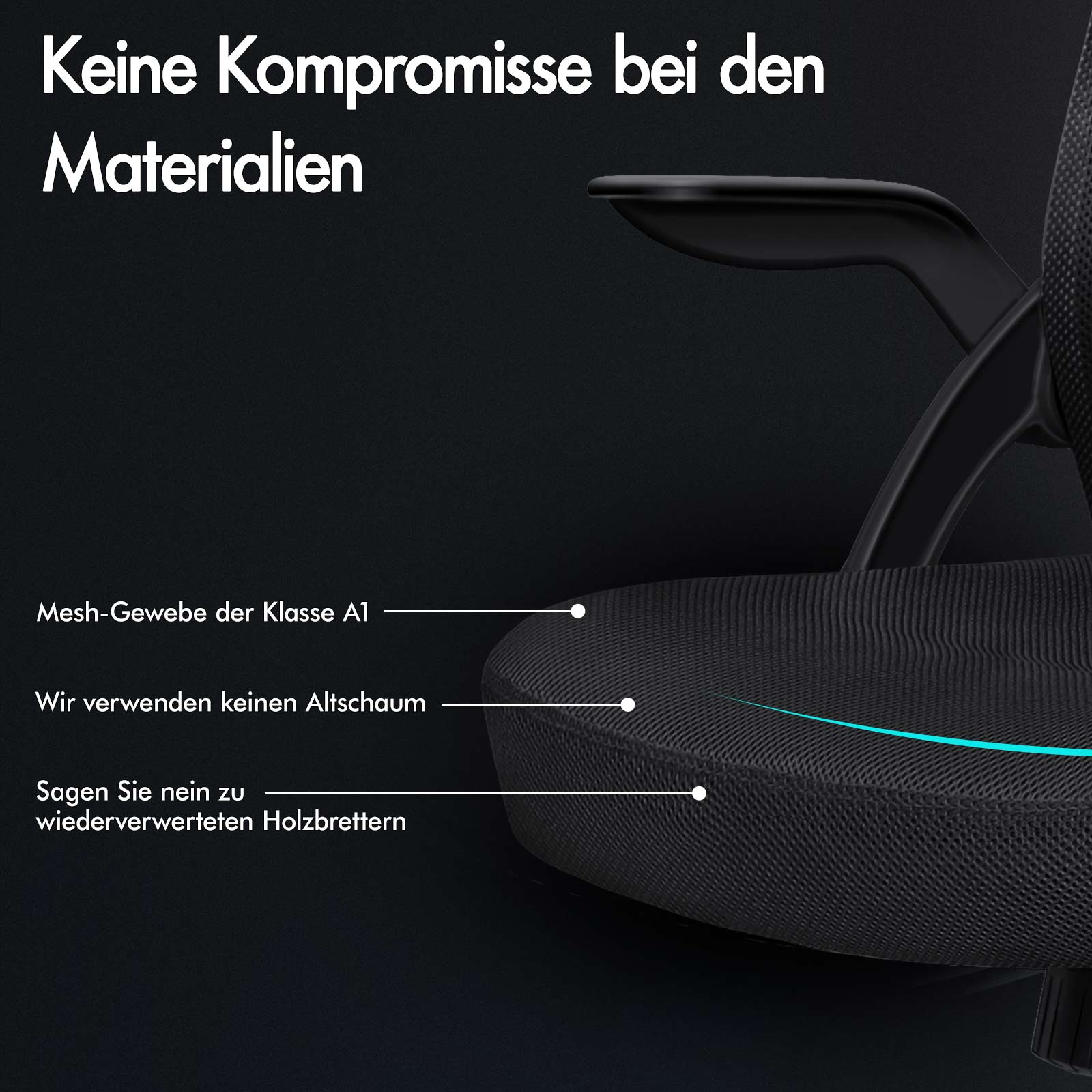 Schwarzer Bürostuhl mit Mesh-Gewebe und Textangaben.