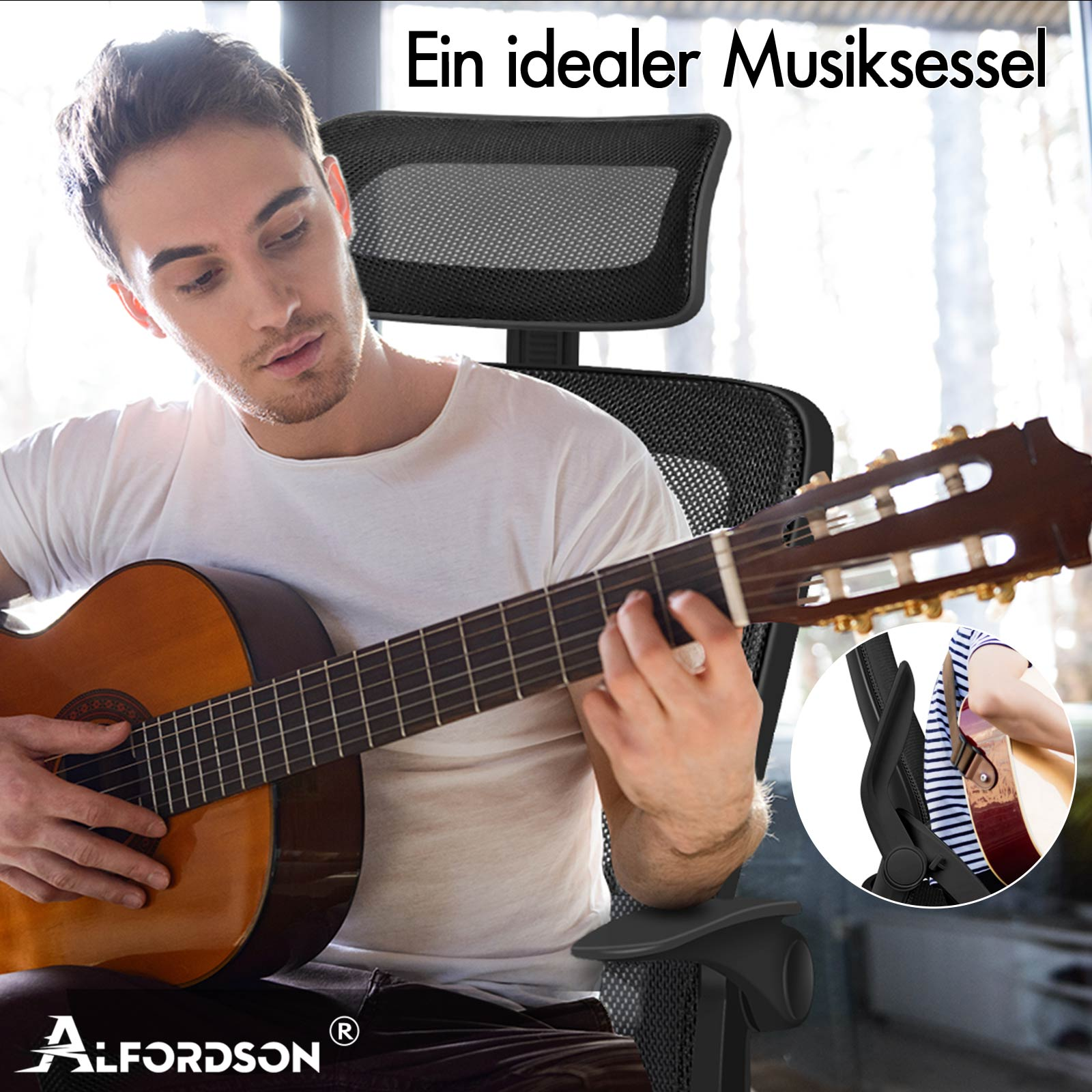 Mann spielt Gitarre in einem Netzstuhlsitz. Ein Ausschnitt zeigt eine Gitarre mit Gurt.
