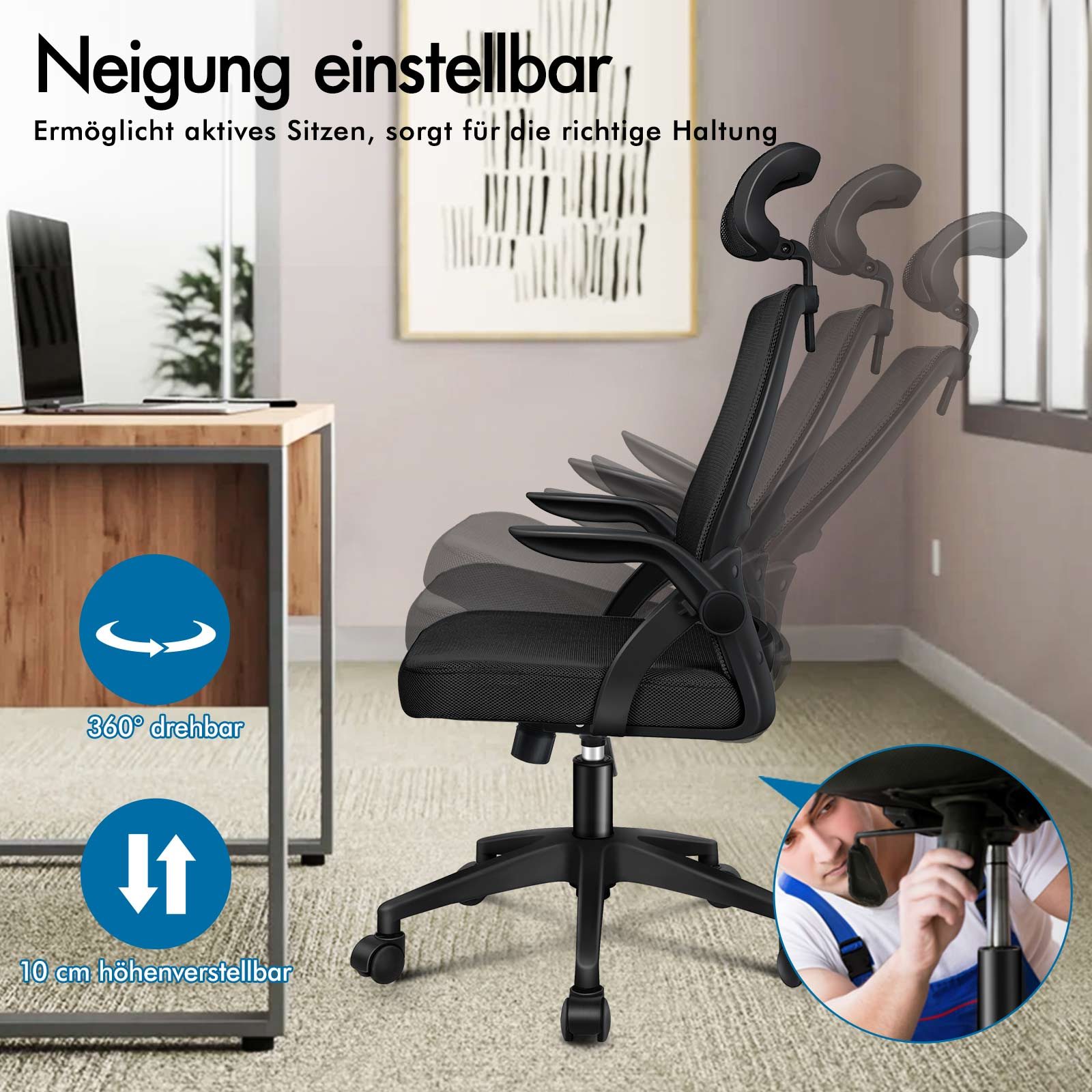 Schwarzer Bürostuhl mit verstellbarer Rückenlehne, Kopfstütze und Armlehnen.