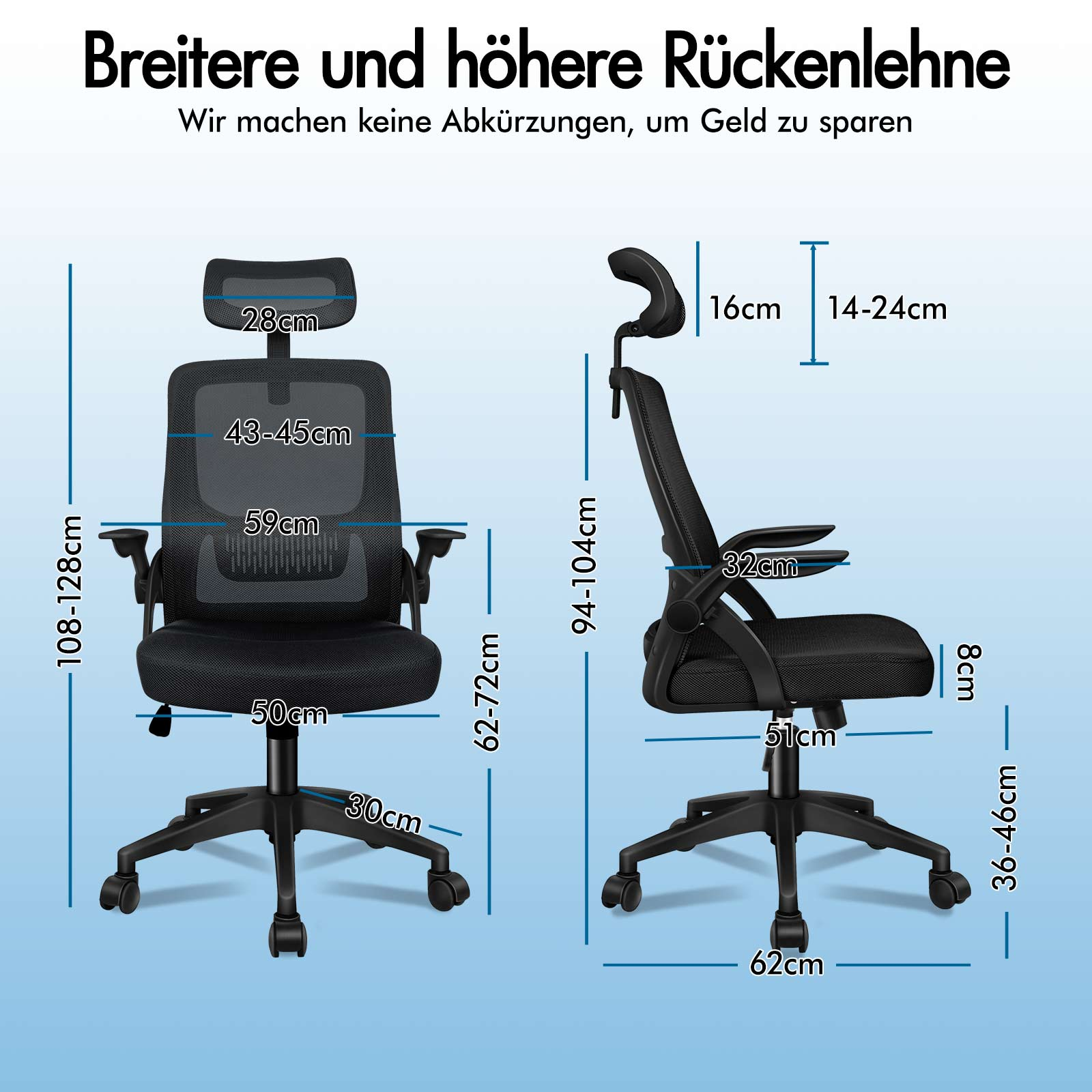 Schwarz verstellbarer Bürostuhl mit Maßen und Kopfstütze.