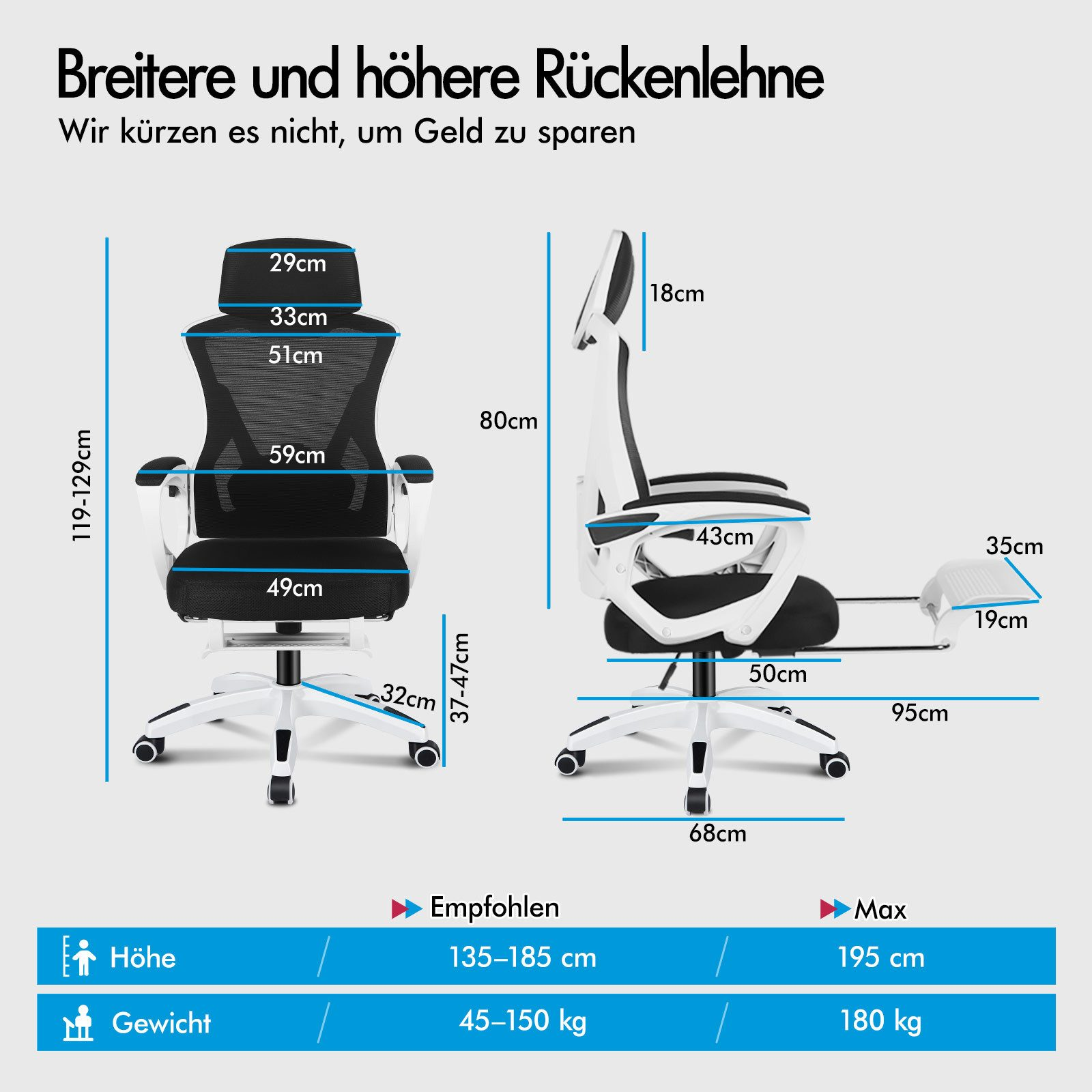 Maße eines schwarzen Bürostuhls mit Fußstütze. Links Ansicht, rechts Seitenansicht.
