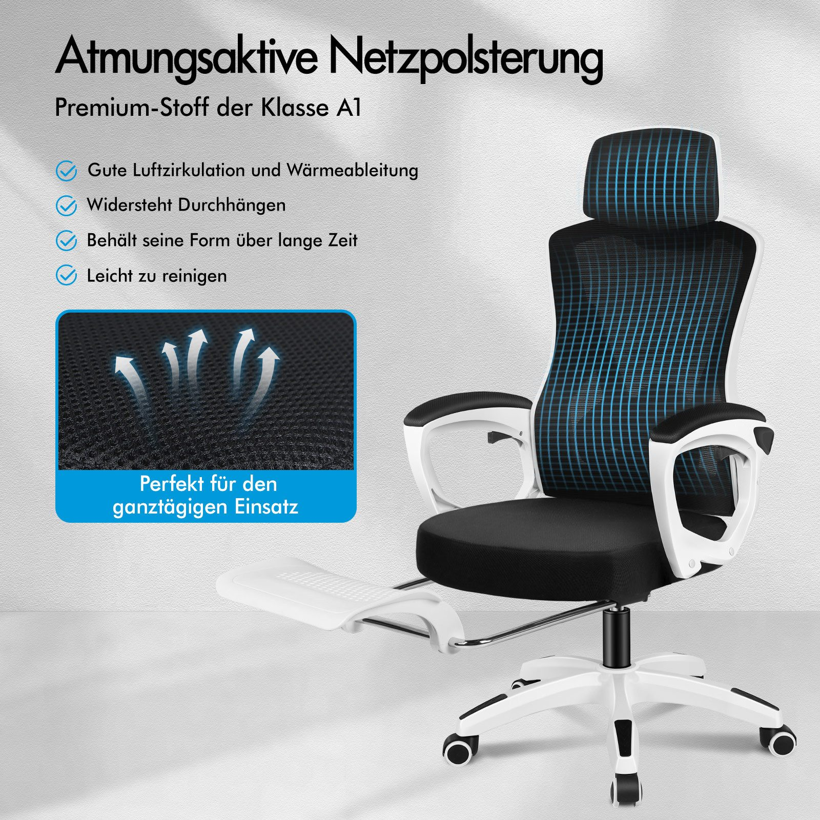 Ein schwarzer Bürostuhl mit Netzrücken und ausziehbarer Fußstütze.