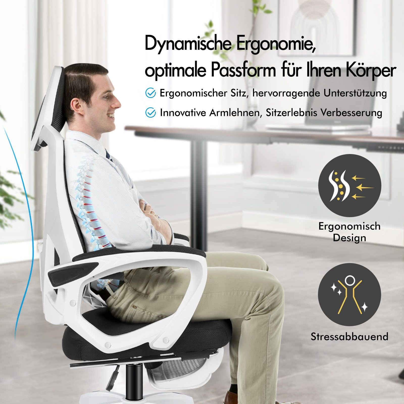 Mann sitzt in einem ergonomischen Bürostuhl mit Lendenwirbelstütze.