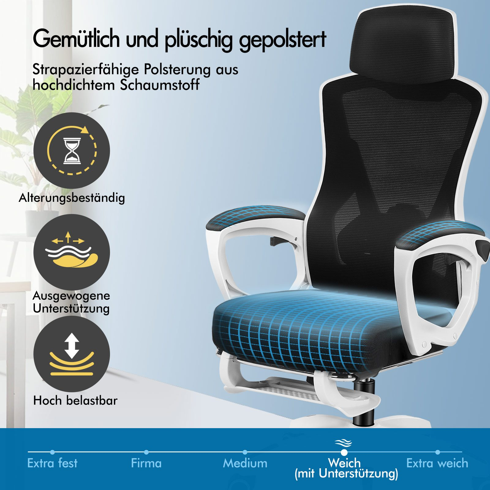 Ein schwarzer Bürostuhl mit weißem Rahmen, gepolsterten Armlehnen und Netzrücken.