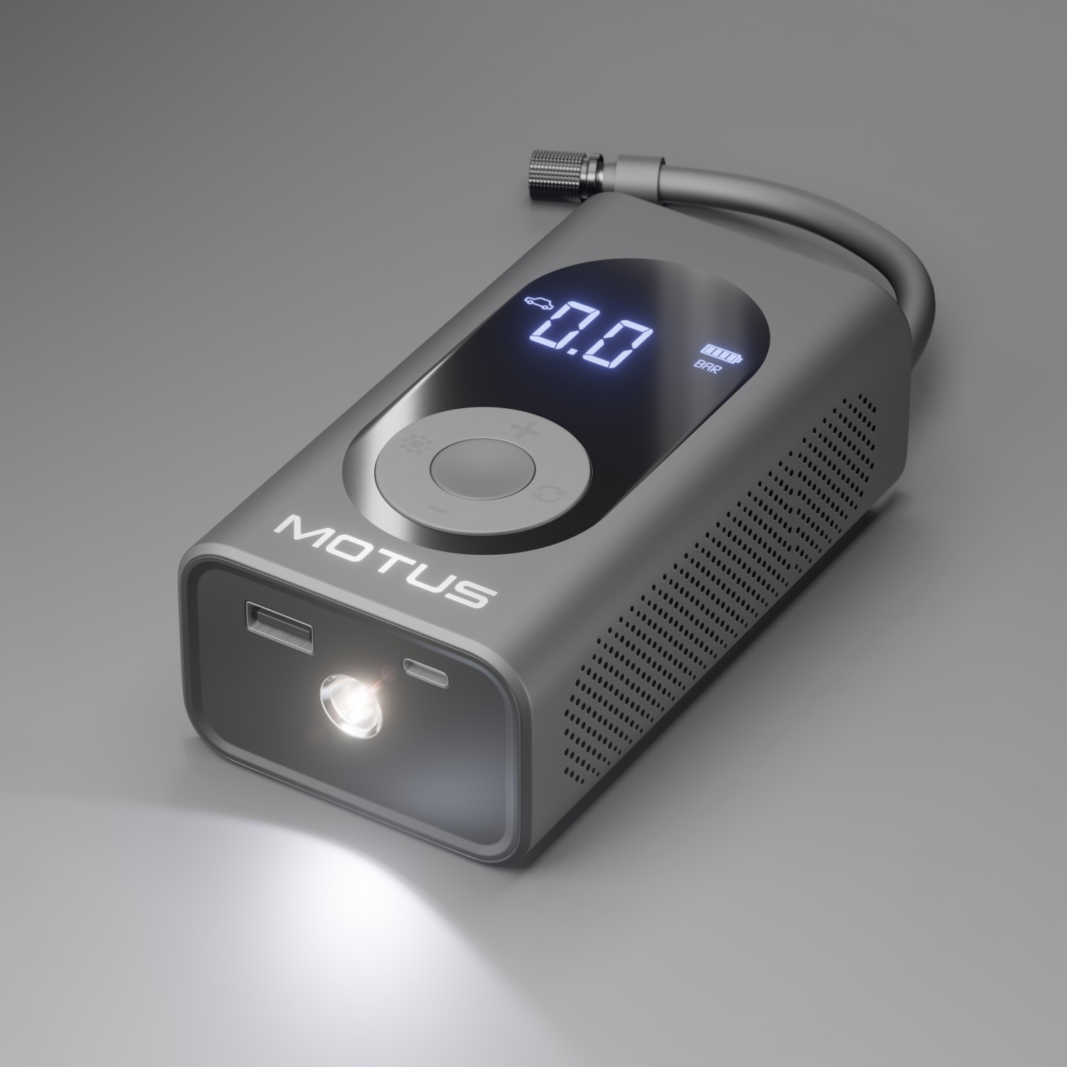 Szary przenośny kompresor powietrza z cyfrowym wyświetlaczem, światłem LED i portem USB.