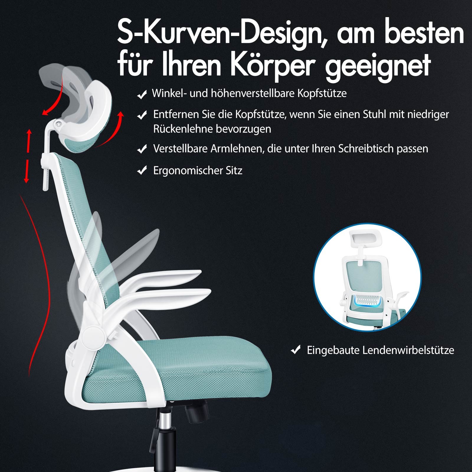 Ergonomischer Bürostuhl mit S-Kurven-Design, verstellbarer Kopfstütze und Lendenwirbelstütze.