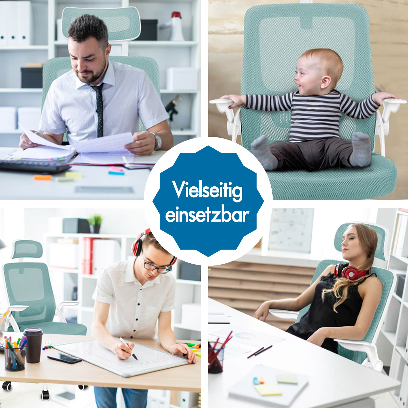 Vier Szenen: Mann im Büro, Baby im Stuhl, Student am Whiteboard, Frau entspannt.
