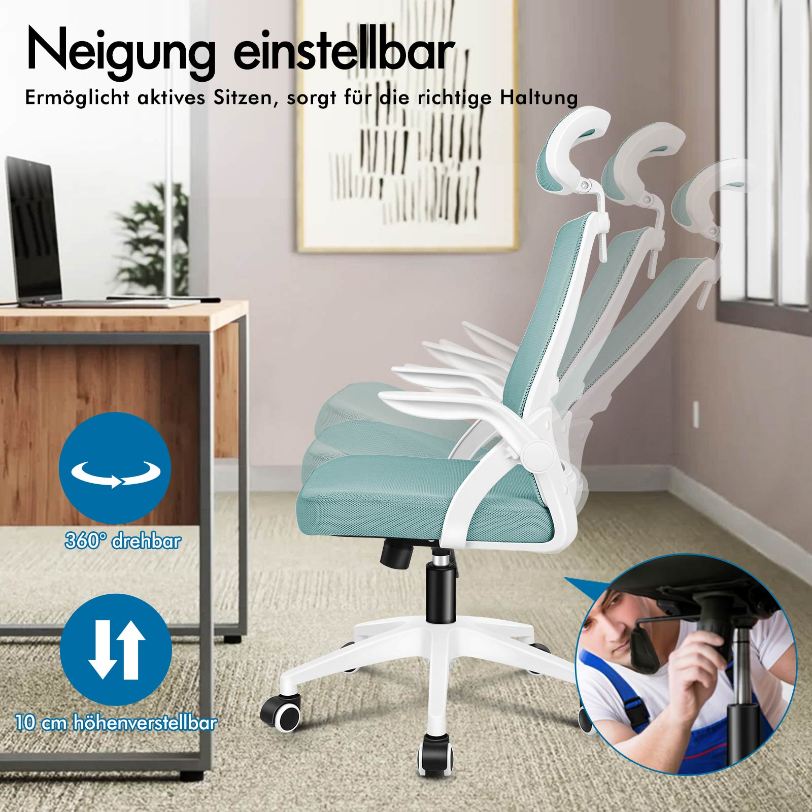 Ein verstellbarer Bürostuhl mit türkisfarbenem Netzgewebe und weißem Gestell.