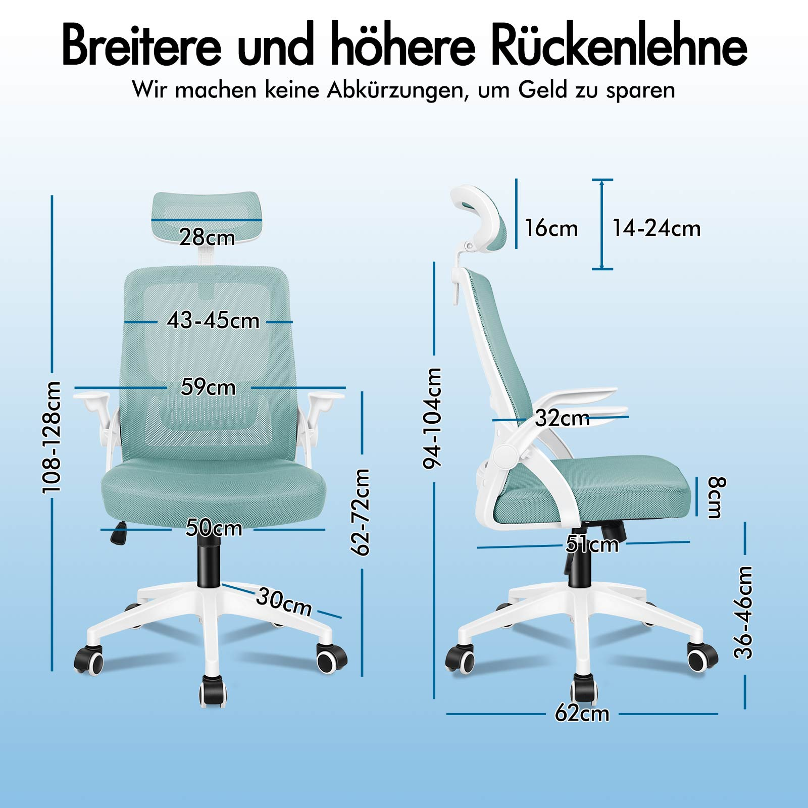 Zwei Bürostühle in Türkis mit Maßen und Größenangaben. Links ein Stuhl, rechts eine Seitenansicht.