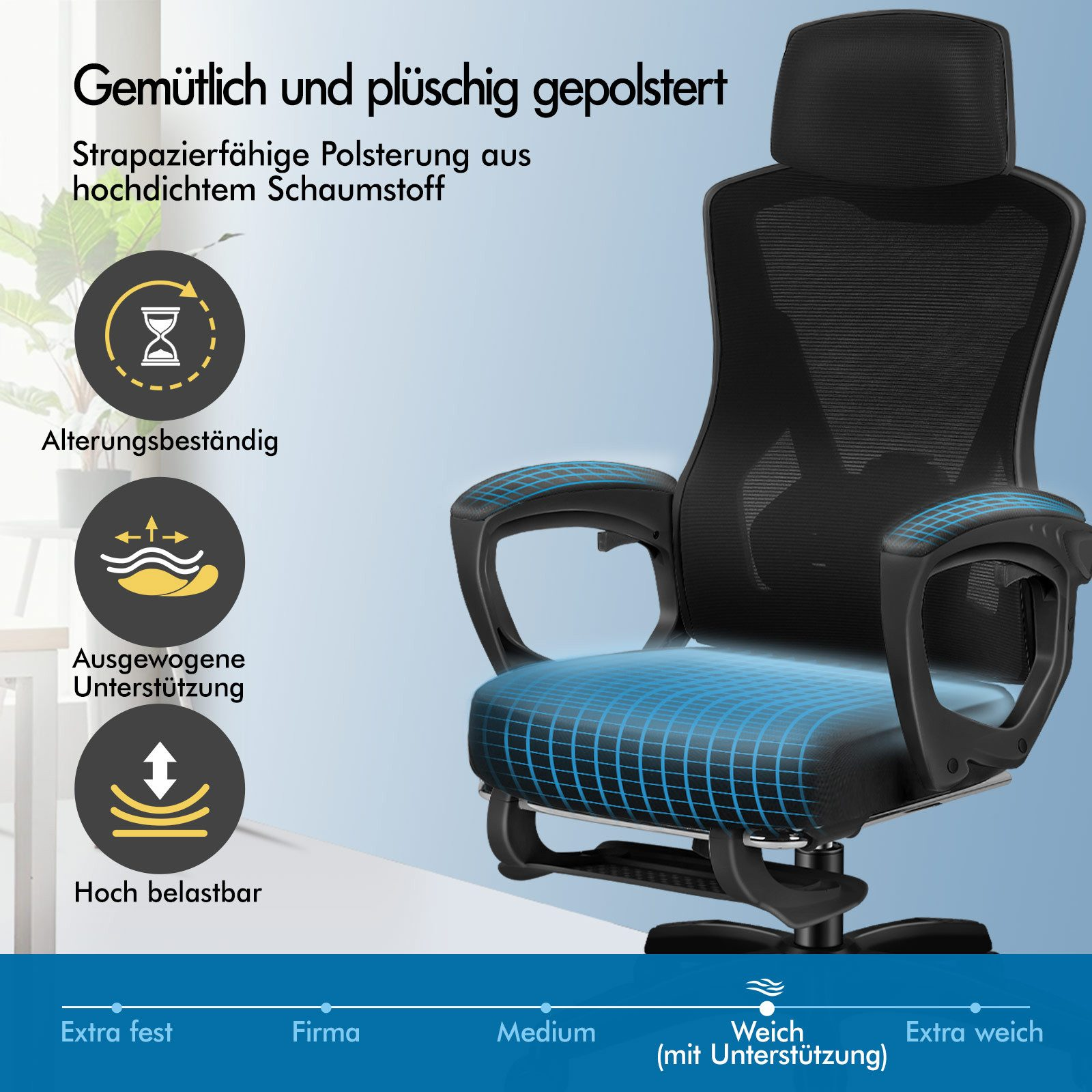 Schwarzer Bürostuhl mit Netzrücken und gepolsterten Armlehnen, blauem Sitzmuster.