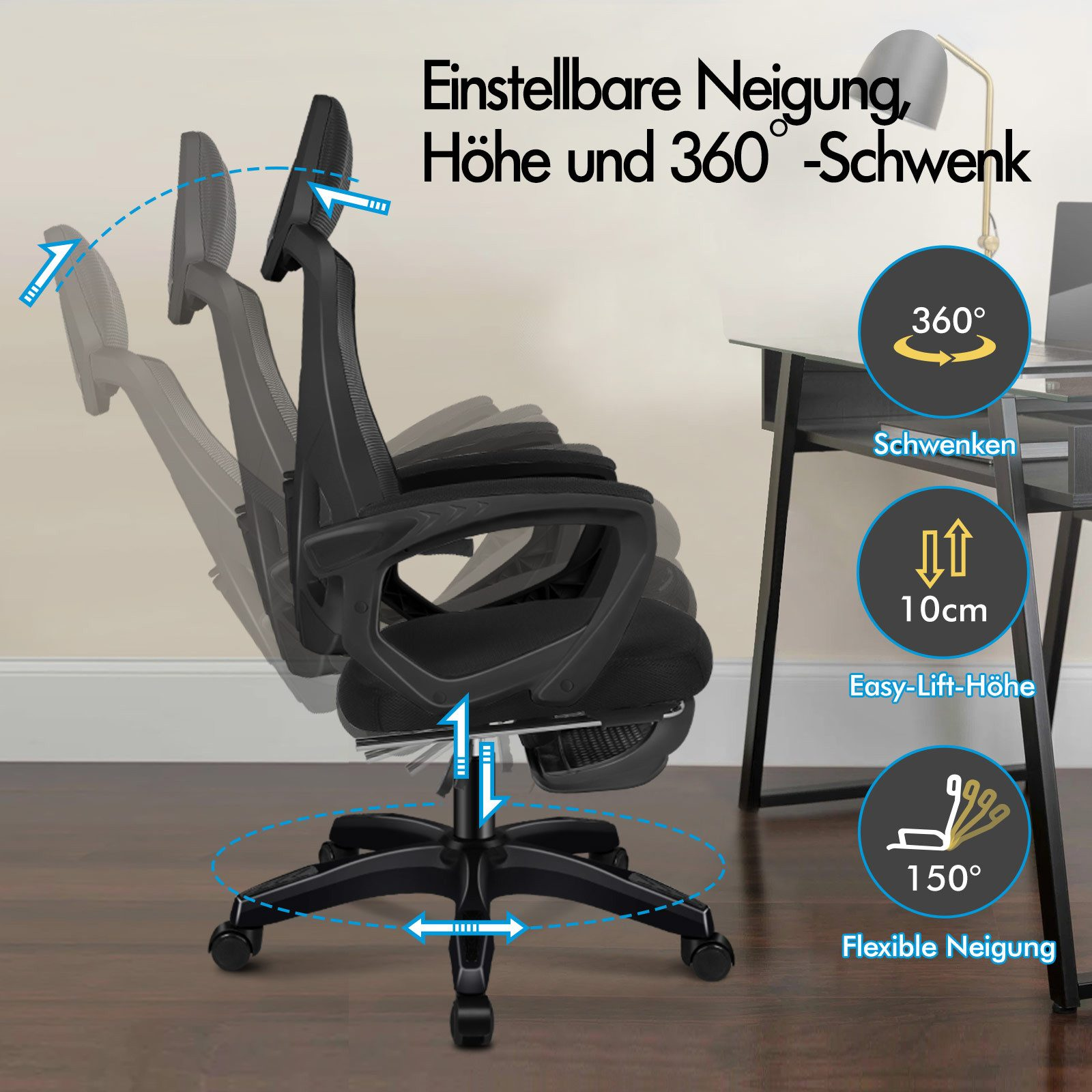 Schwarzer Bürostuhl mit verstellbarer Höhe, Neigung und 360° Schwenkfunktion.