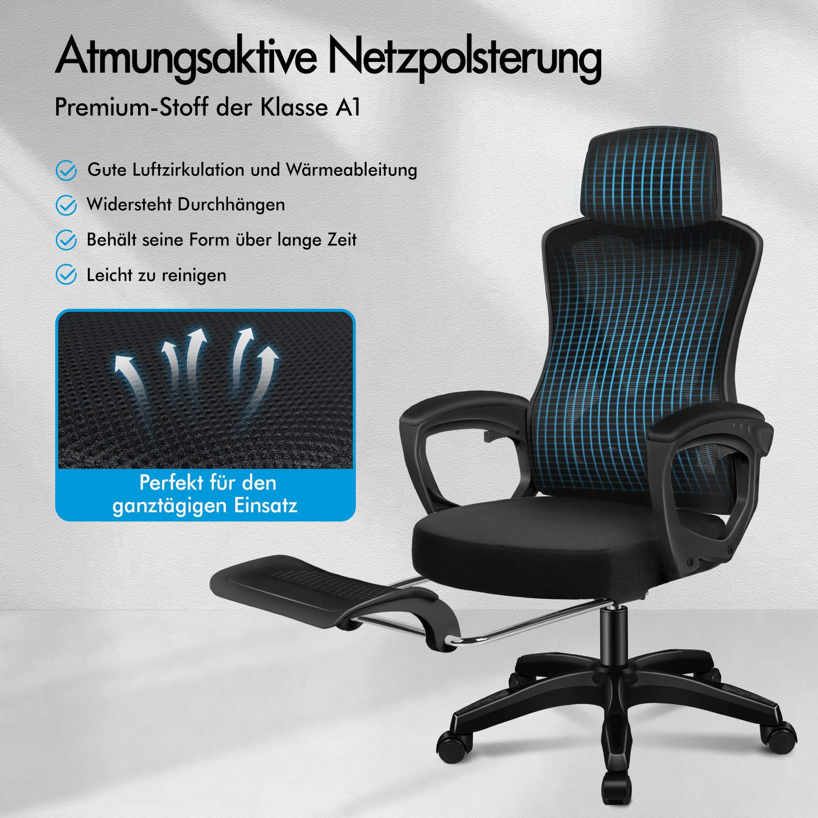 Schwarzer Bürostuhl mit Netzrücken und ausziehbarer Fußstütze.