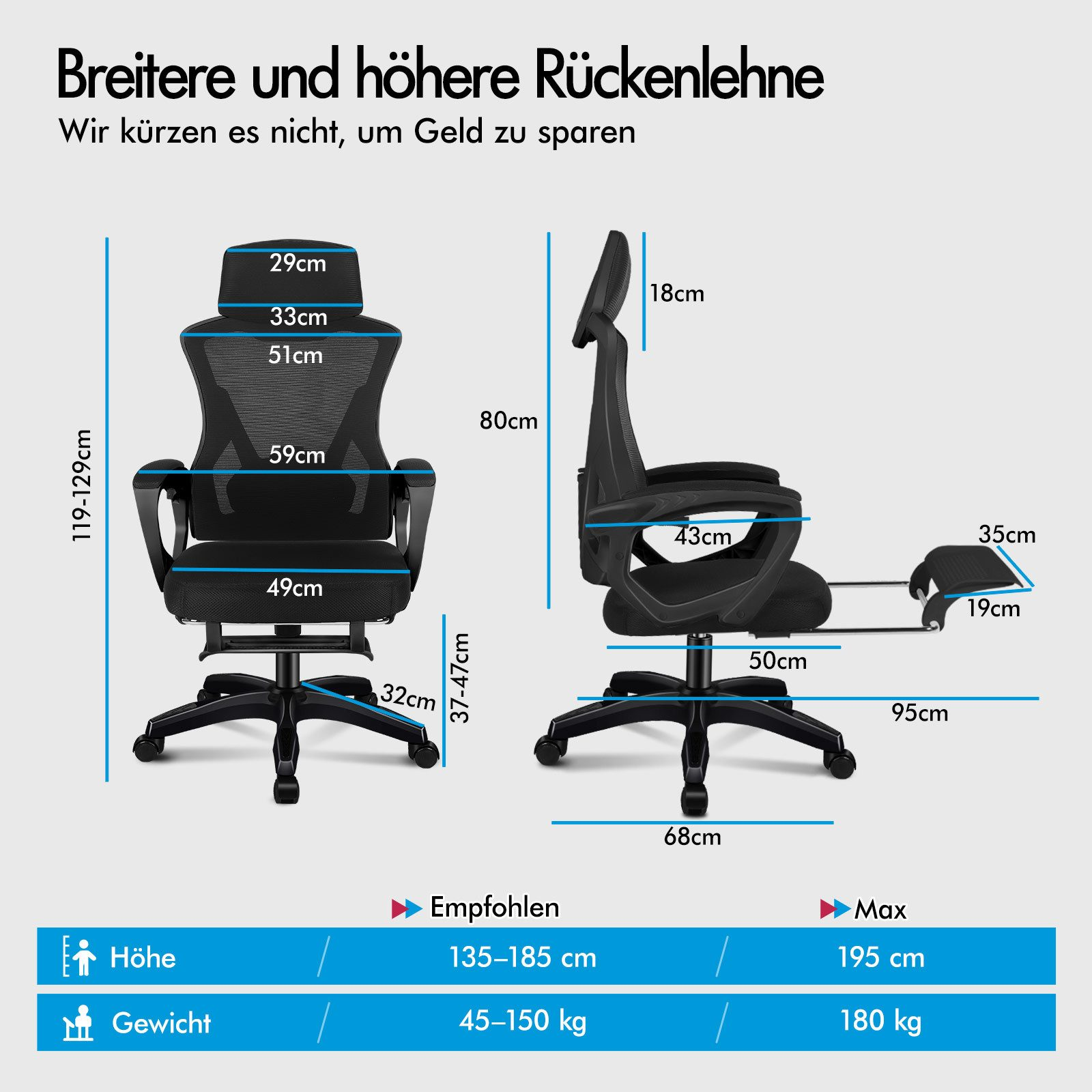 Technische Zeichnung eines Bürostuhls mit Maßen in cm.