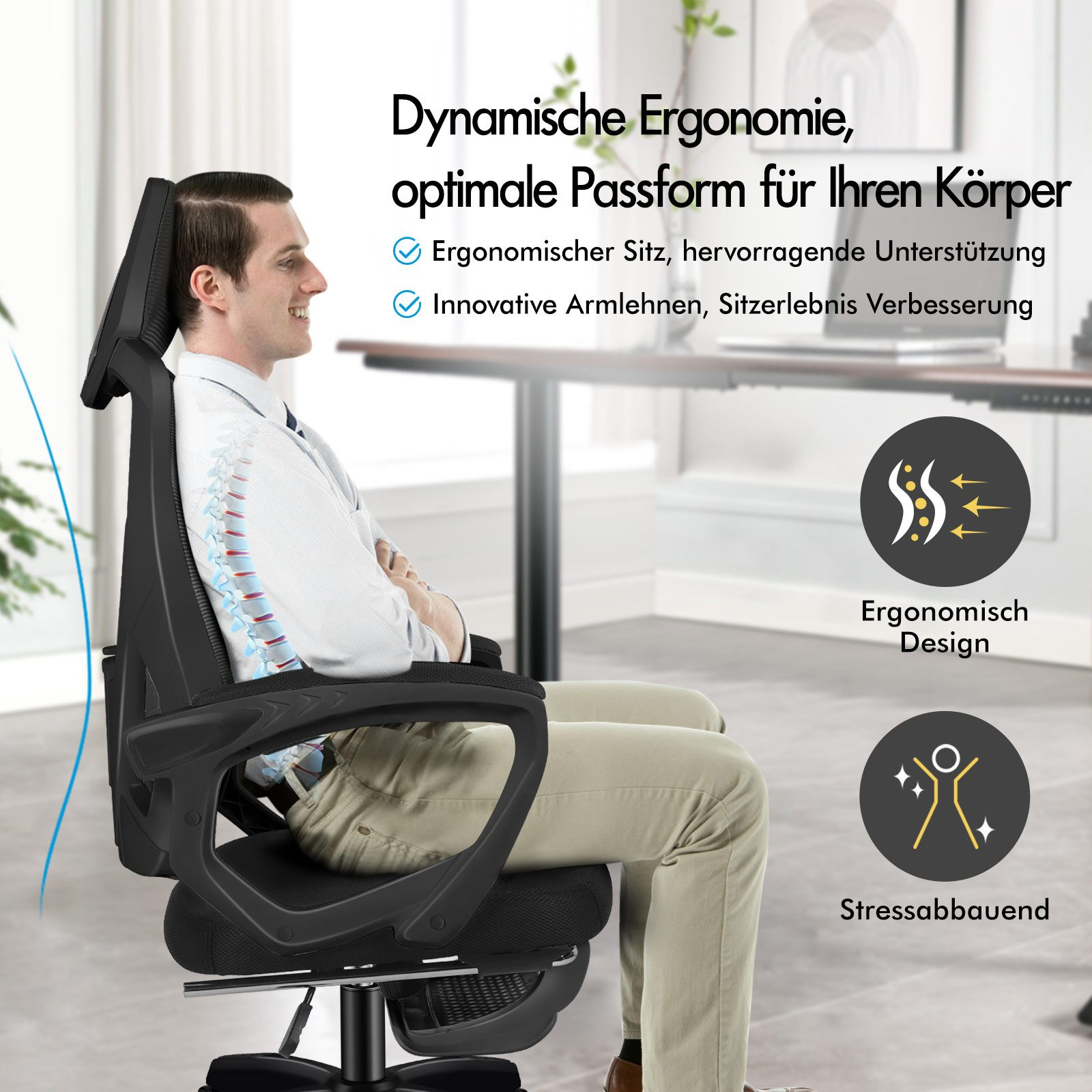 Mann sitzt in einem ergonomischen Bürostuhl mit stützender Rückenlehne und Kopfteil.