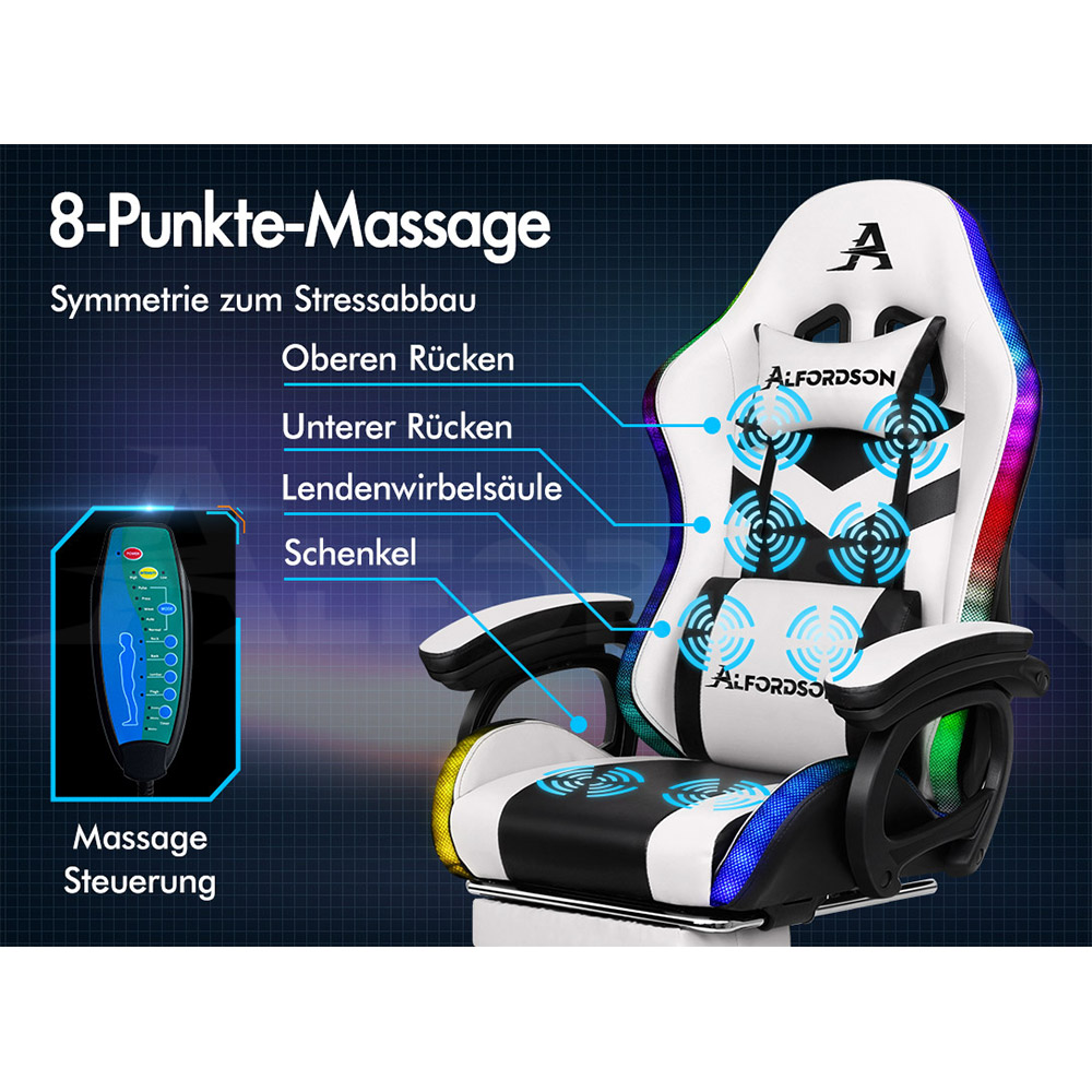 Ein weißer Gaming-Stuhl mit 8-Punkt-Massagefunktion und RGB-Beleuchtung.
