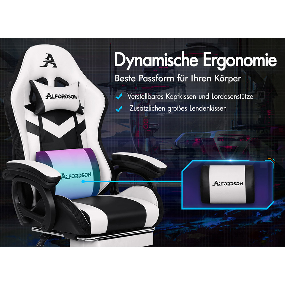 Ein weiß-schwarzer Gaming-Stuhl mit verstellbaren Kissen und der Aufschrift ALFORDSON.