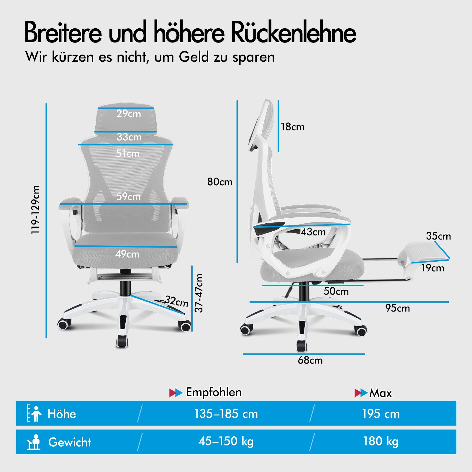 Technische Zeichnung eines Bürostuhls mit Maßen für Höhe, Breite und Tiefe.