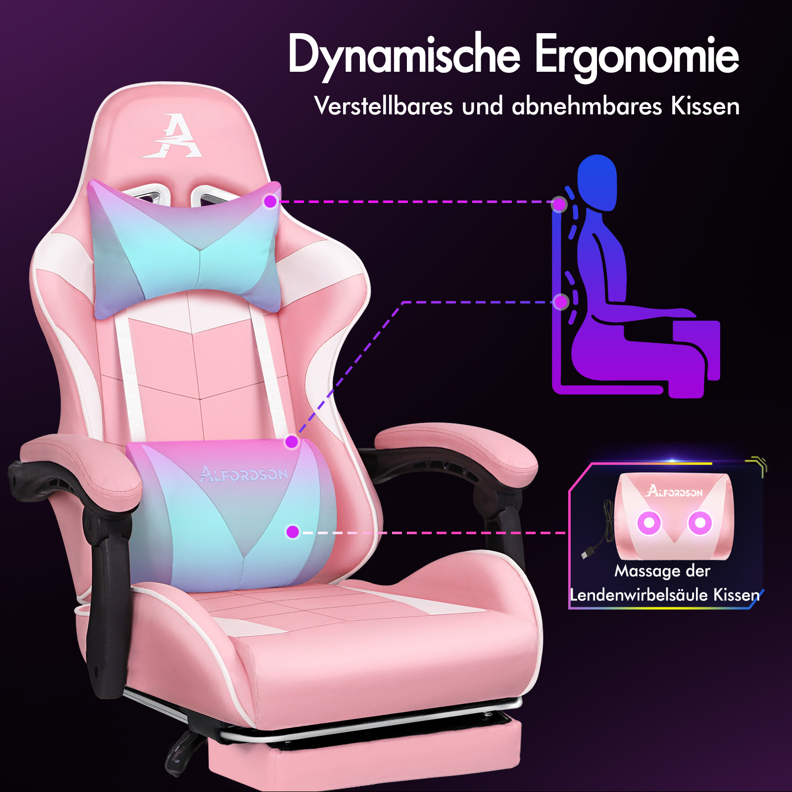 Pinker Gamingstuhl mit Kopf- und Lendenkissen. Illustration zeigt Körperhaltung.
