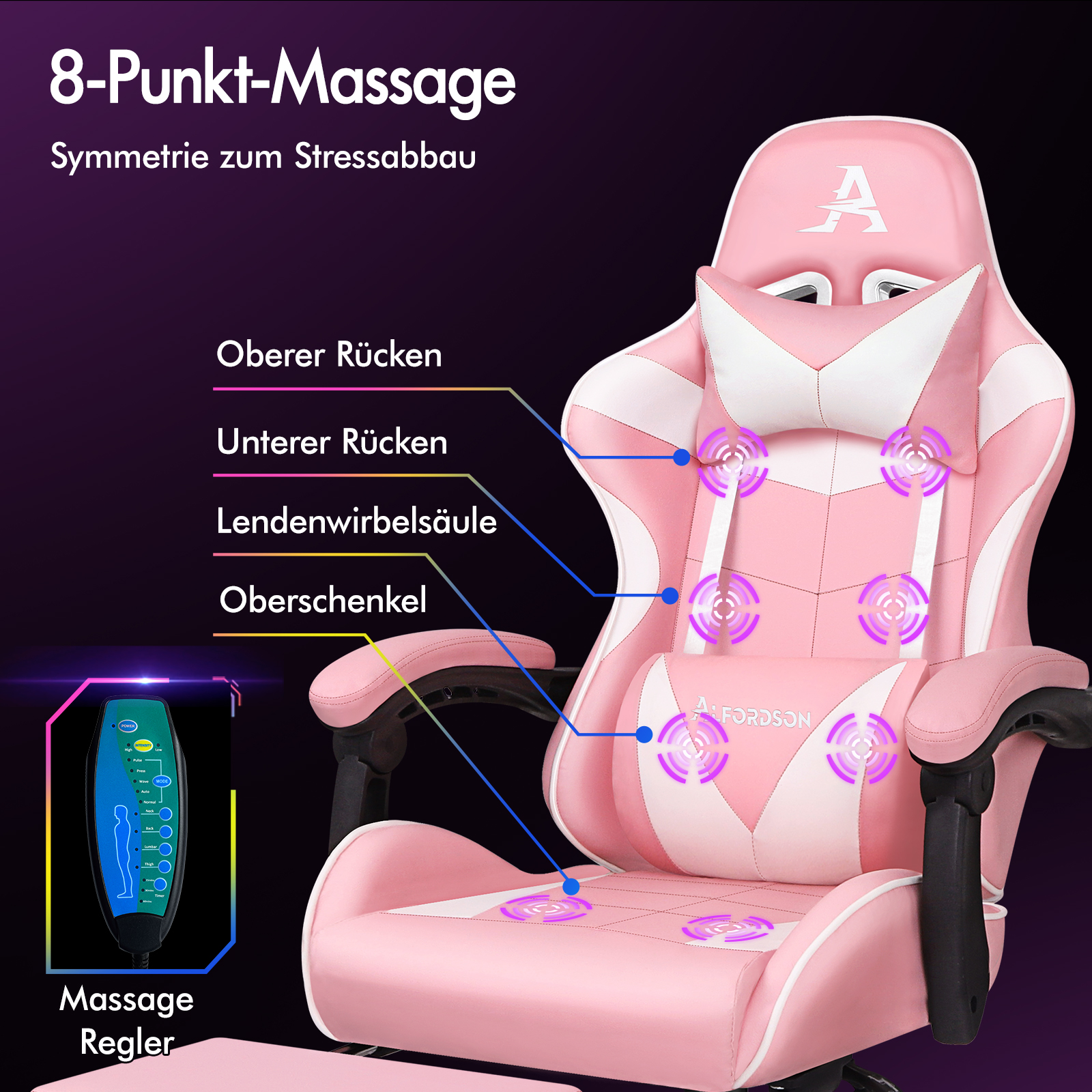 Ein rosafarbener Massagestuhl mit 8 Punkten, der den oberen Rücken, unteren Rücken, die Lendenwirbelsäule und die Oberschenkel massiert.
