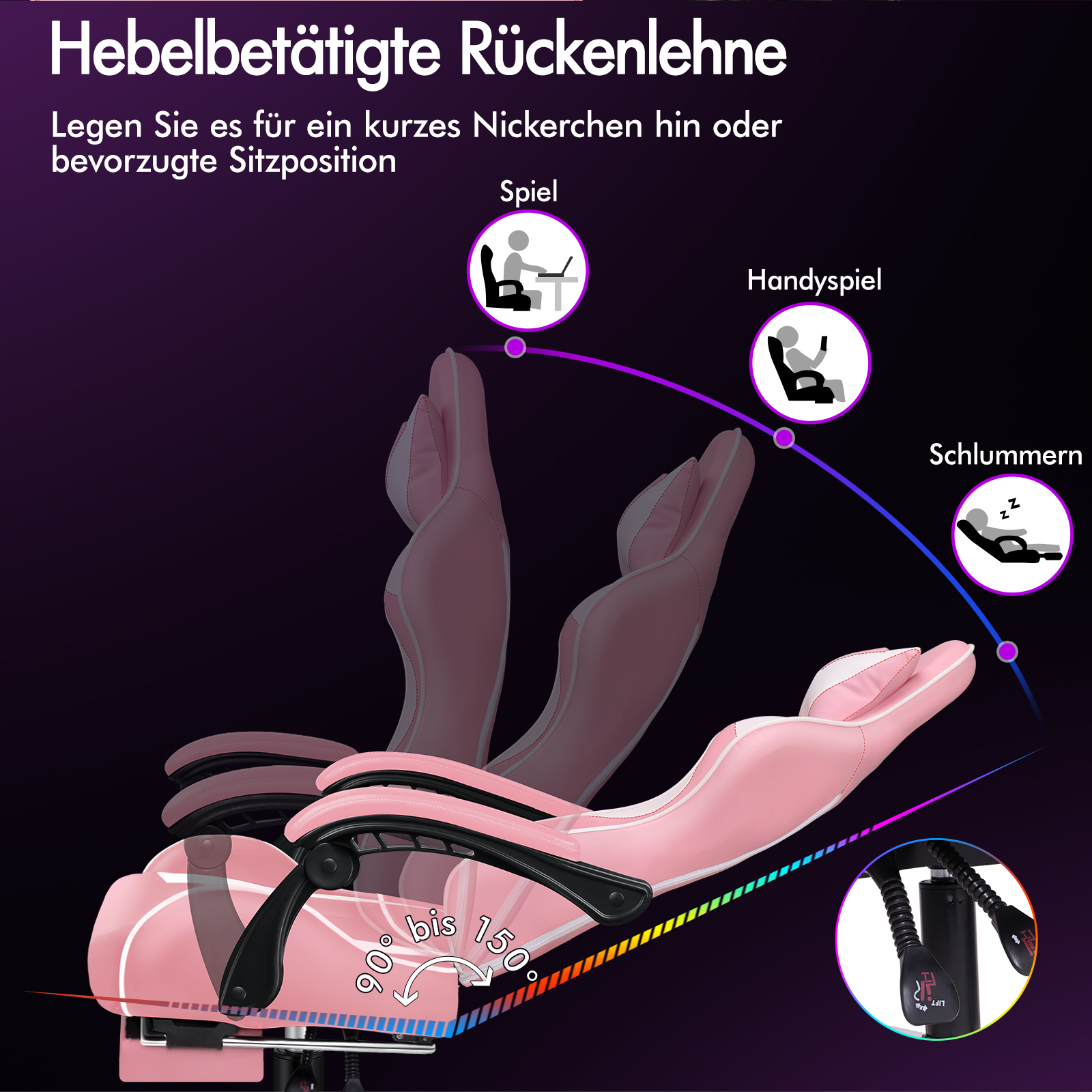Verstellbare Rückenlehne eines rosa Gaming-Stuhls von 90° bis 150°.